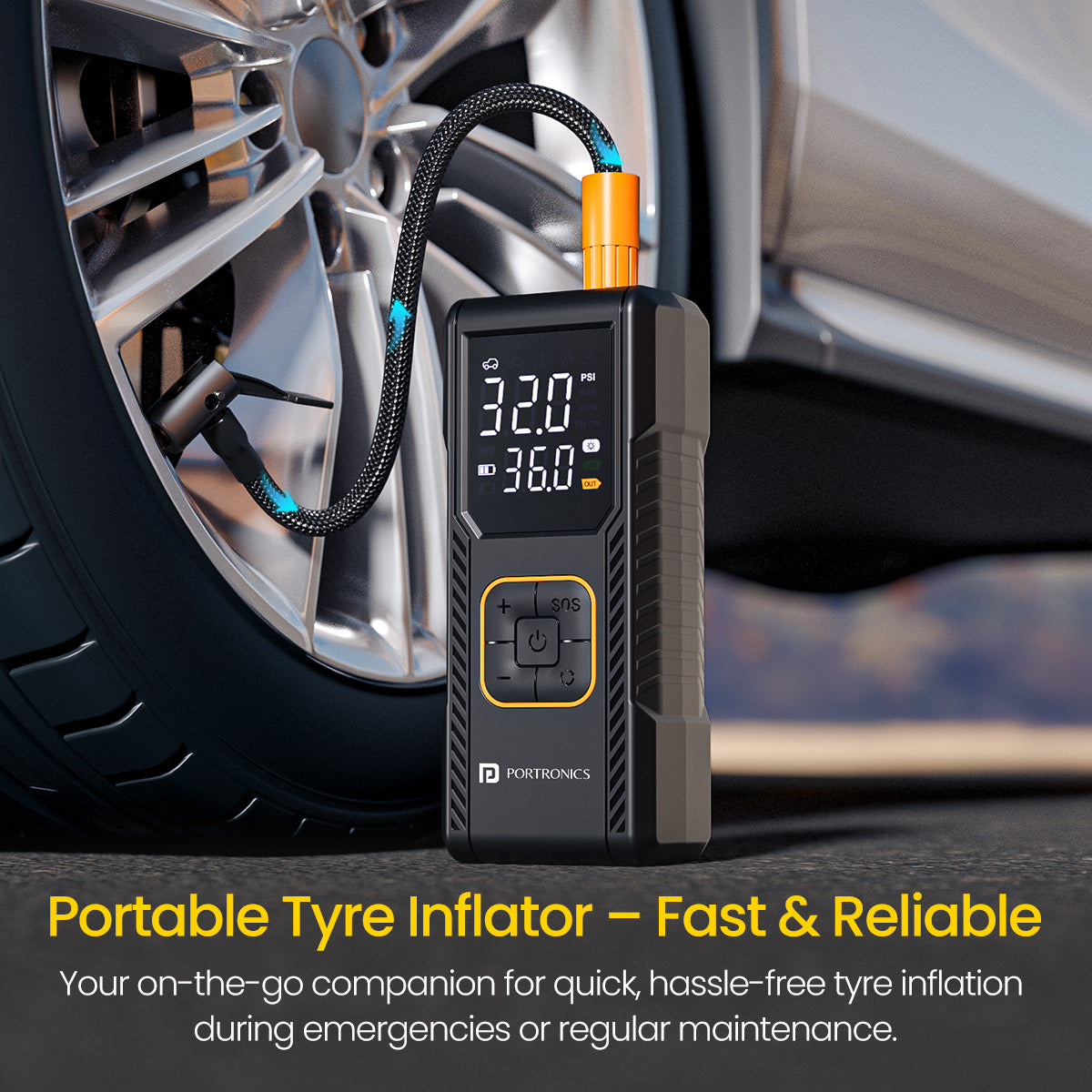 Portronics Vayu 9.0 | High-Performance Tyre Inflator for Car and Bike with Auto Shut-Off, LED Light, and 3×2000 mAh Rechargeable Batteries | Portable Tyre Inflator for Cars, Portable Rechargeable Car Inflator, Car Tyre Air Pumps, Tyre Accessories, Car Accessories Online