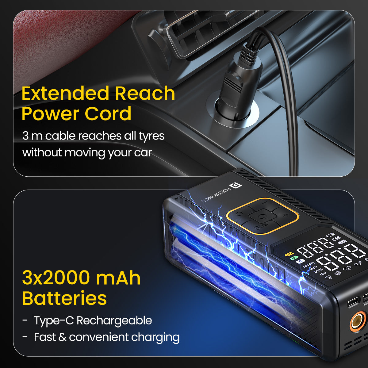 Portronics Vayu 9.0 | Multipurpose Portable Tyre Inflator with 4 Nozzles, 3×2000 mAh Battery, and Digital Pressure Gauge for Cars, Bikes, and Sports Gear | Tyre Inflator for Car and Bike, Portable Tyre Inflator for Cars, Air Pump for Cycle, Tyre Accessories,