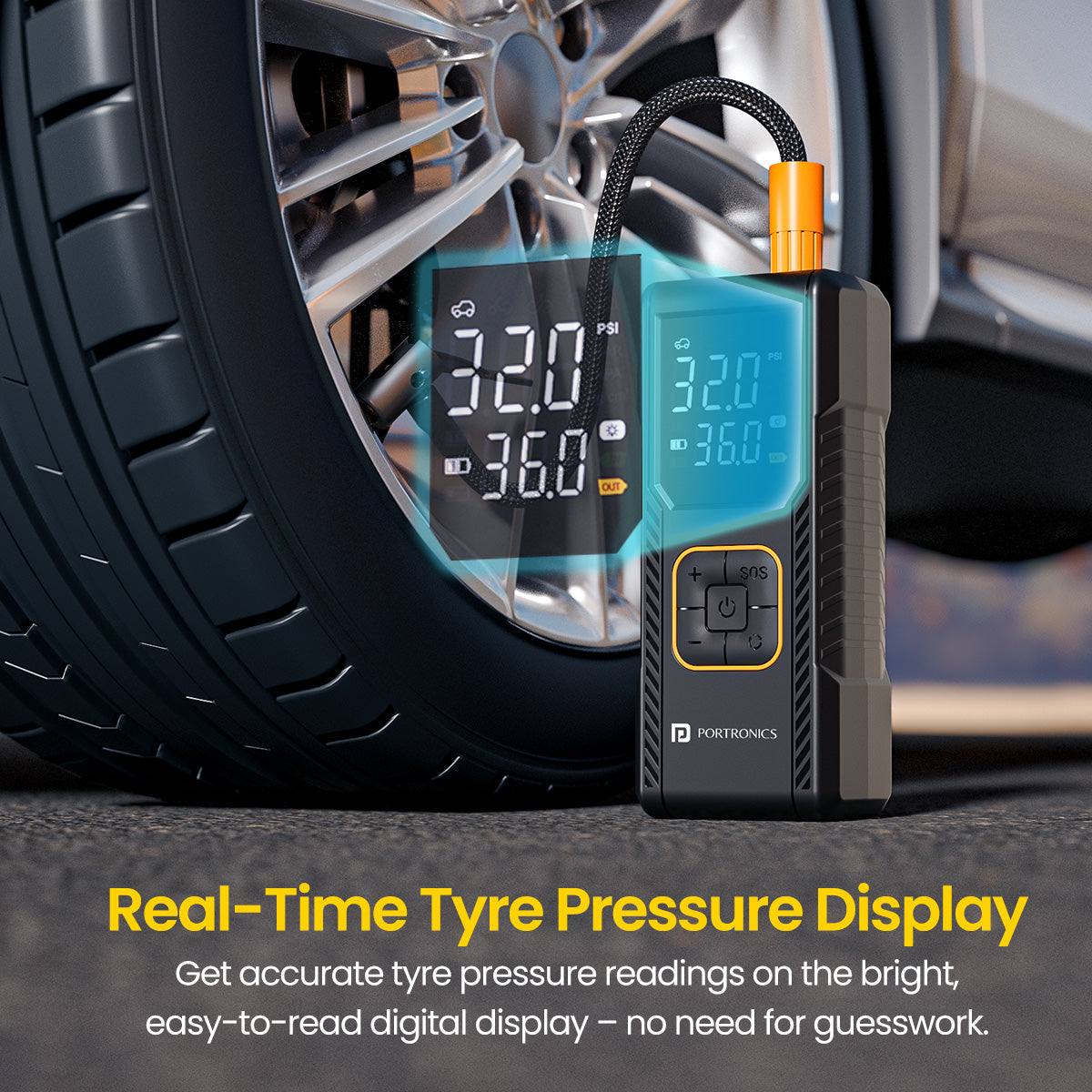 Portronics Vayu 9.0 | Digital Portable Tyre Inflator with LED Display, Type-C Fast Charging, and SOS Light for Emergency Use | Portable Rechargeable Car Inflator, Tyre Inflator Online, Air Pump for Car and Bike, Car Accessories Online, Best Tyre Inflator