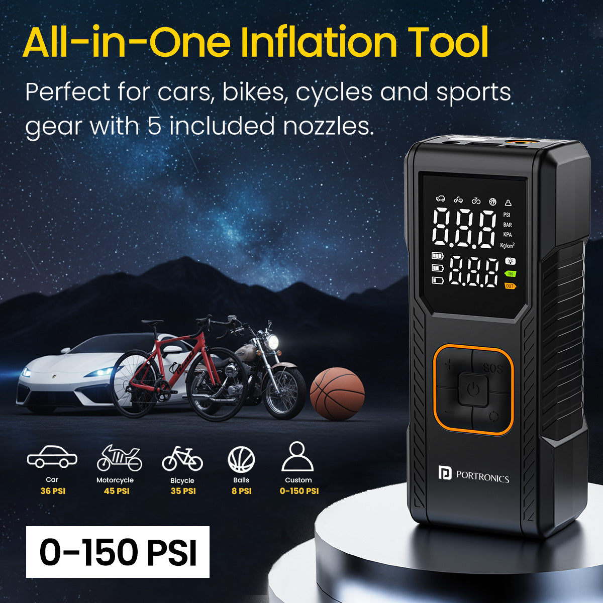 Portronics Vayu 9.0 | Cordless and Corded Dual Mode Tyre Inflator with Auto Pressure Control, LED Torch, and Long 3m Cable | Tyre Inflator for Car and Bike, Portable Tyre Inflator for Cars, Car Accessories, Car Tyre Air Pumps, Best Tyre Inflator for SUV in India