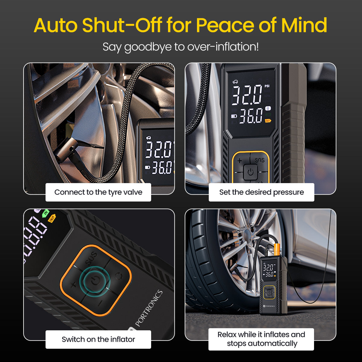 Portronics Vayu 9.0 | Powerful 150 PSI Air Pump for Car and Bike with Smart Auto Shut-Off and Compact, Travel-Friendly Design | Tyre Inflator for Car, Portable Tyre Inflator, Portable Rechargeable Car Inflator, Car Accessories, Best Tyre Inflator for Car and Bike in India