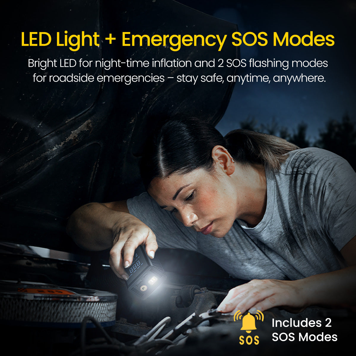 Portronics Vayu 9.0 | Smart Portable Tyre Inflator with Digital Pressure Display, 4 Nozzles, and SOS Emergency Light for Safe Night-Time Use | Best Tyre Inflator for Car and Bike in India, Tyre Inflator Online, Car Accessories, Air Pump for Car and Bike, VAYU
