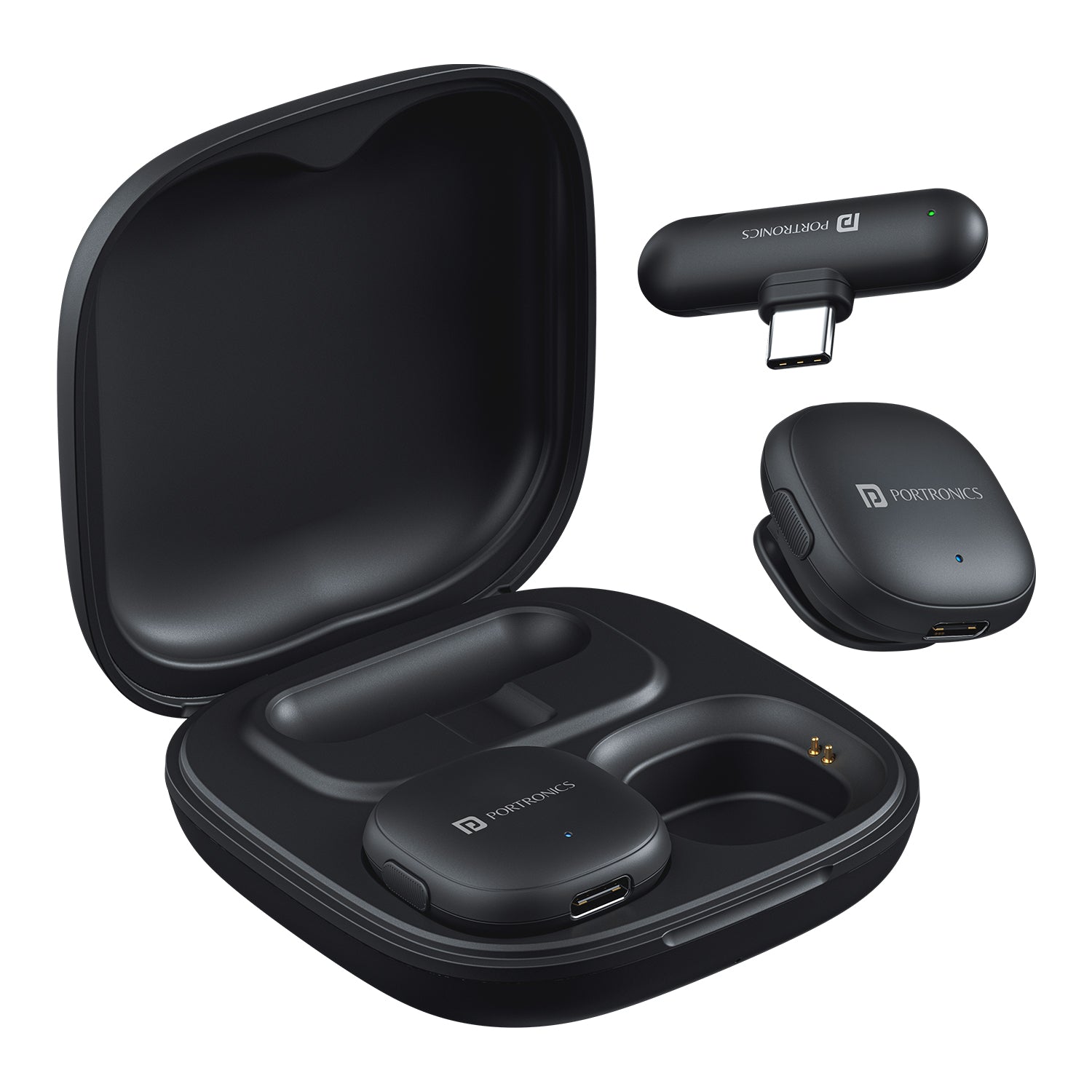 Portronics VlogMate One dual wireless microphone with charging case | wireless mic with Type-C receiver | compact wireless microphone system for vlogging and interviews