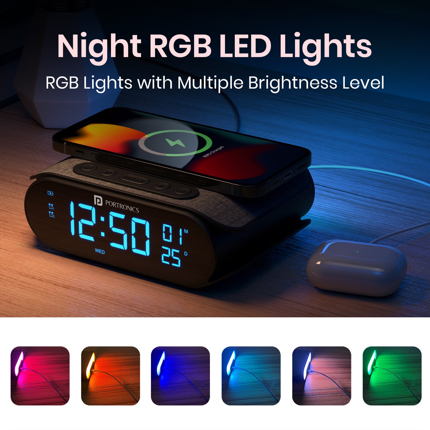 Portronics VoltClock Fast Wireless Charger | Best for night use with adjustable night light brightness and RGB ambient lighting | fast wireless charger enhancing bedside ambience