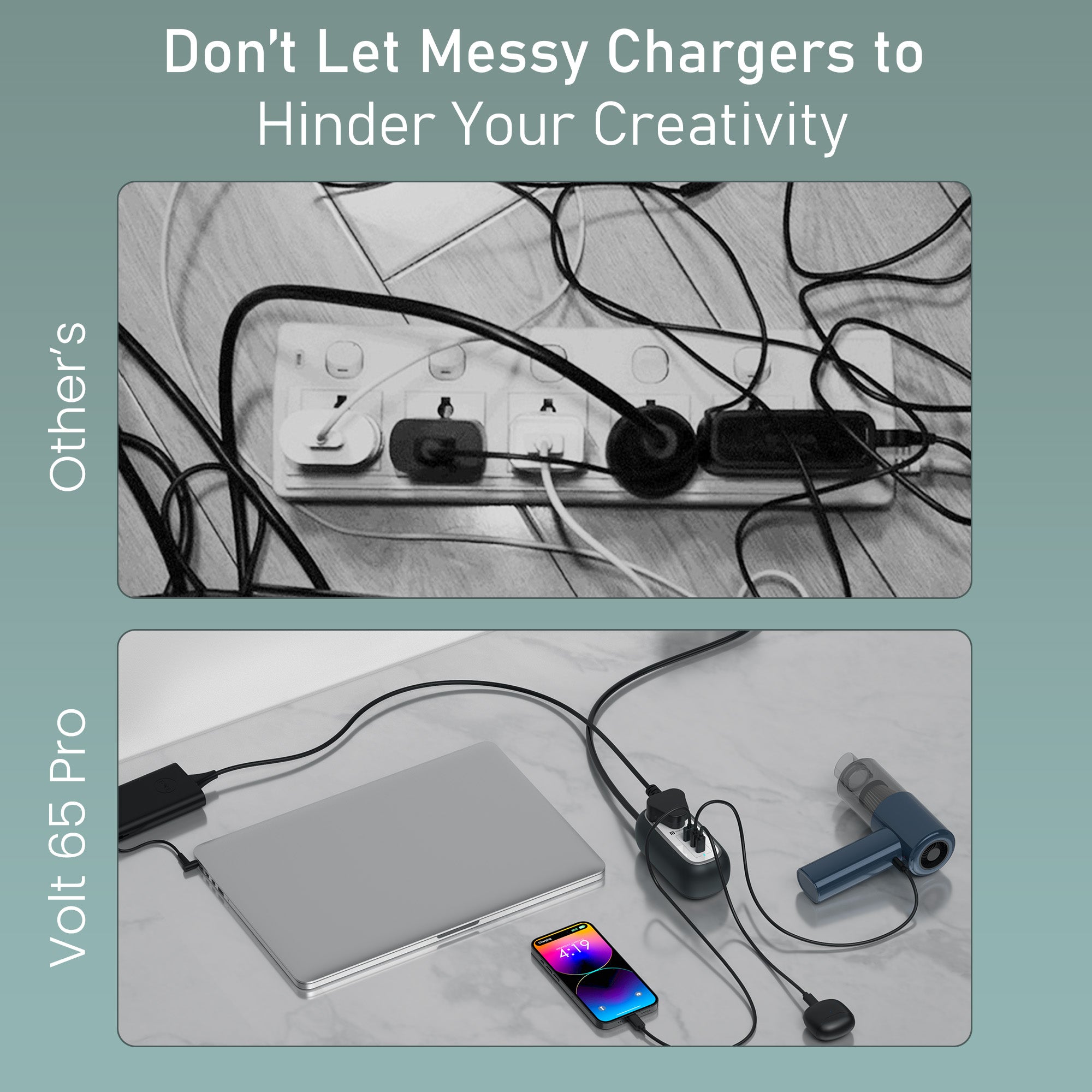 Black Portronics Volt 65 Pro Extension Board | Compact vertical design power plate with universal AC outlets and USB extension cable for workspace use.