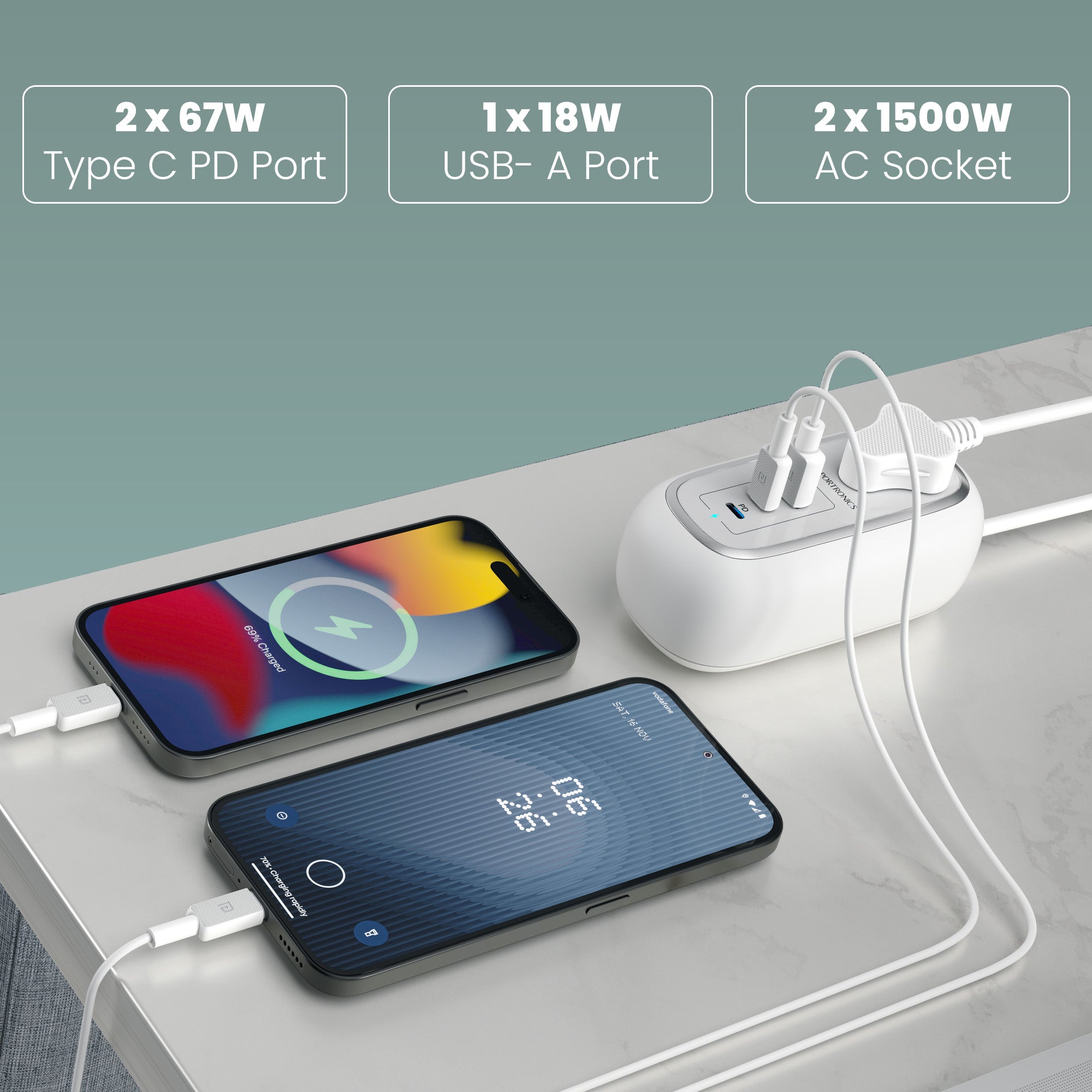 White Portronics Volt 65 Pro Extension Cable | Heavy-duty electric extension board with PD 3.0 support and mobile stand convenience.
