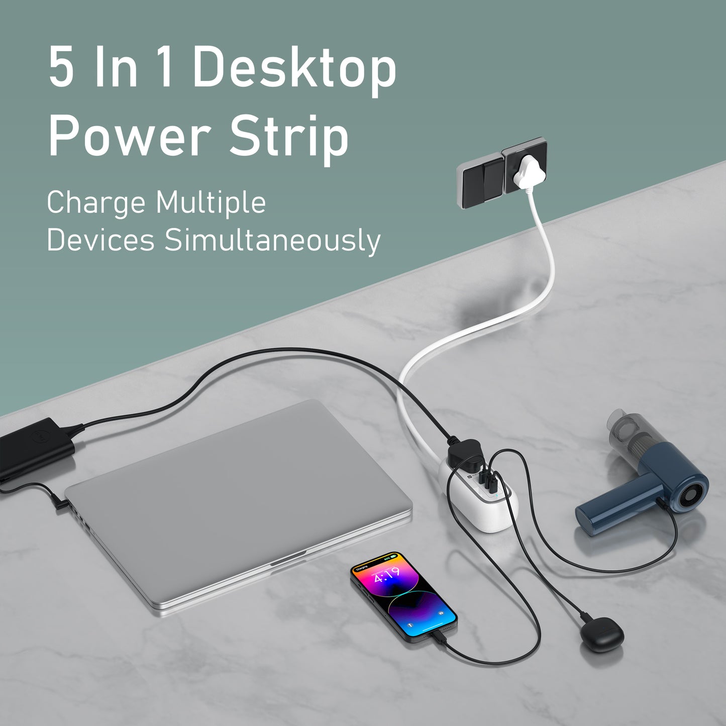 White Portronics Volt 65 Pro Power Extension Board | Portable 5-in-1 charging station featuring 2 AC sockets, 2 Type-C PD ports, and a USB-A port.