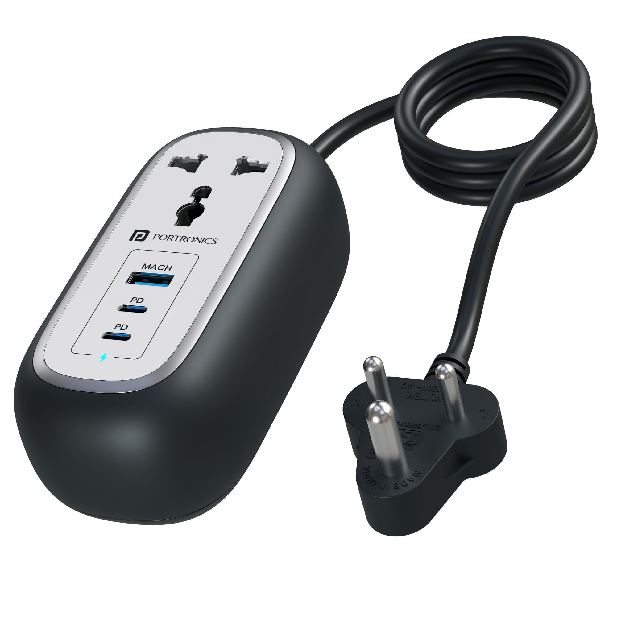 Black Portronics Volt 65 Pro Power Plate | 5-in-1 multi port fast charger with dual AC sockets, Type-C PD ports, and USB-A port for home and office setups.