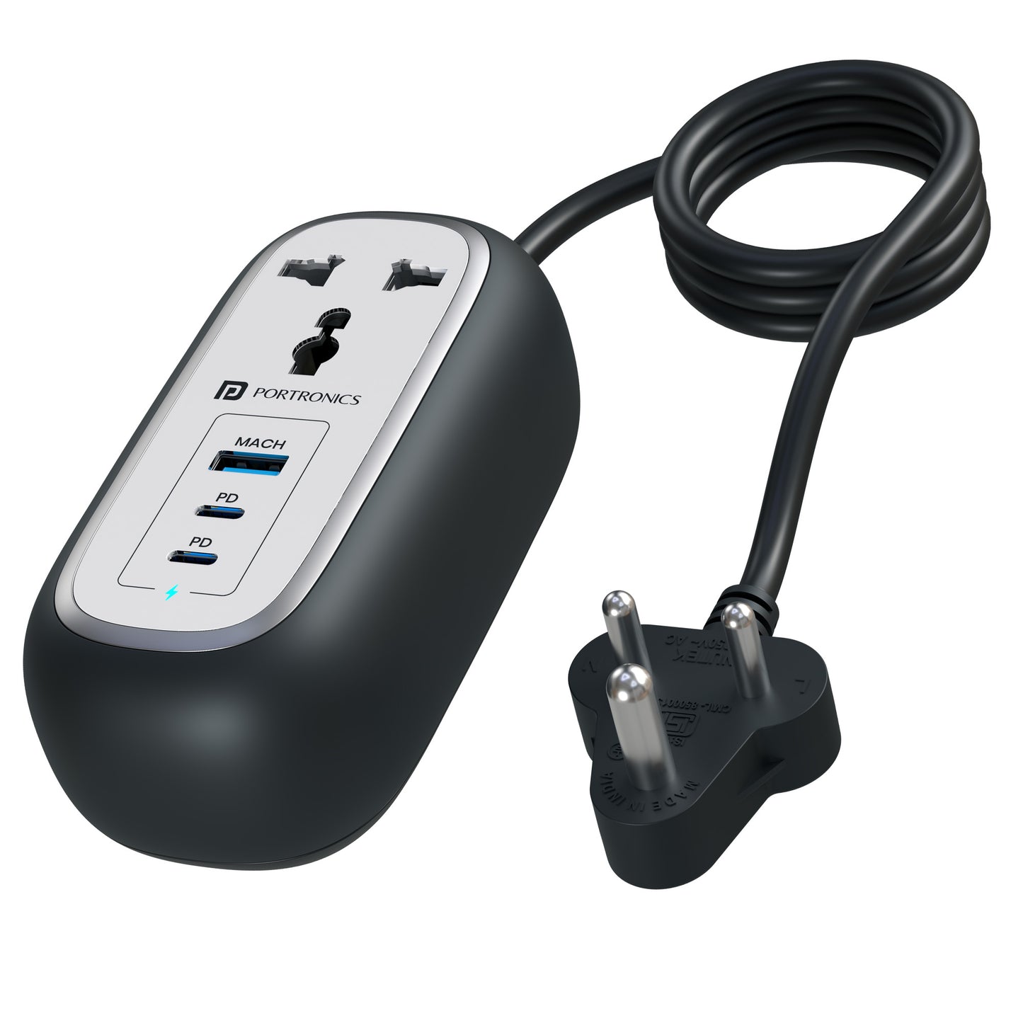Black Portronics Volt 65 Pro Power Plate | 5-in-1 multi port fast charger with dual AC sockets, Type-C PD ports, and USB-A port for home and office setups.