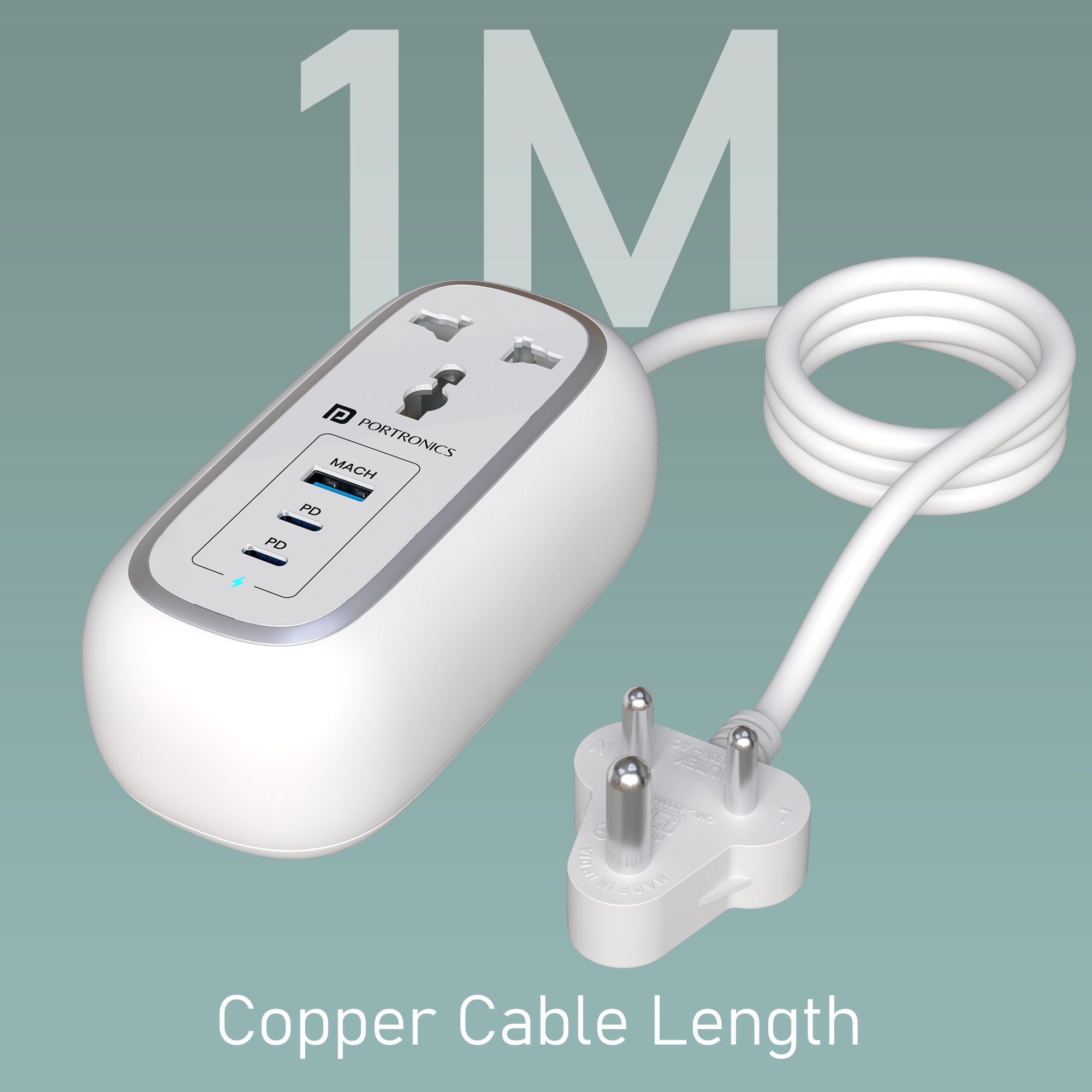 white Portronics Volt 65 Pro USB Charger | 1-meter pure copper extension cable power hub for charging multiple devices simultaneously.