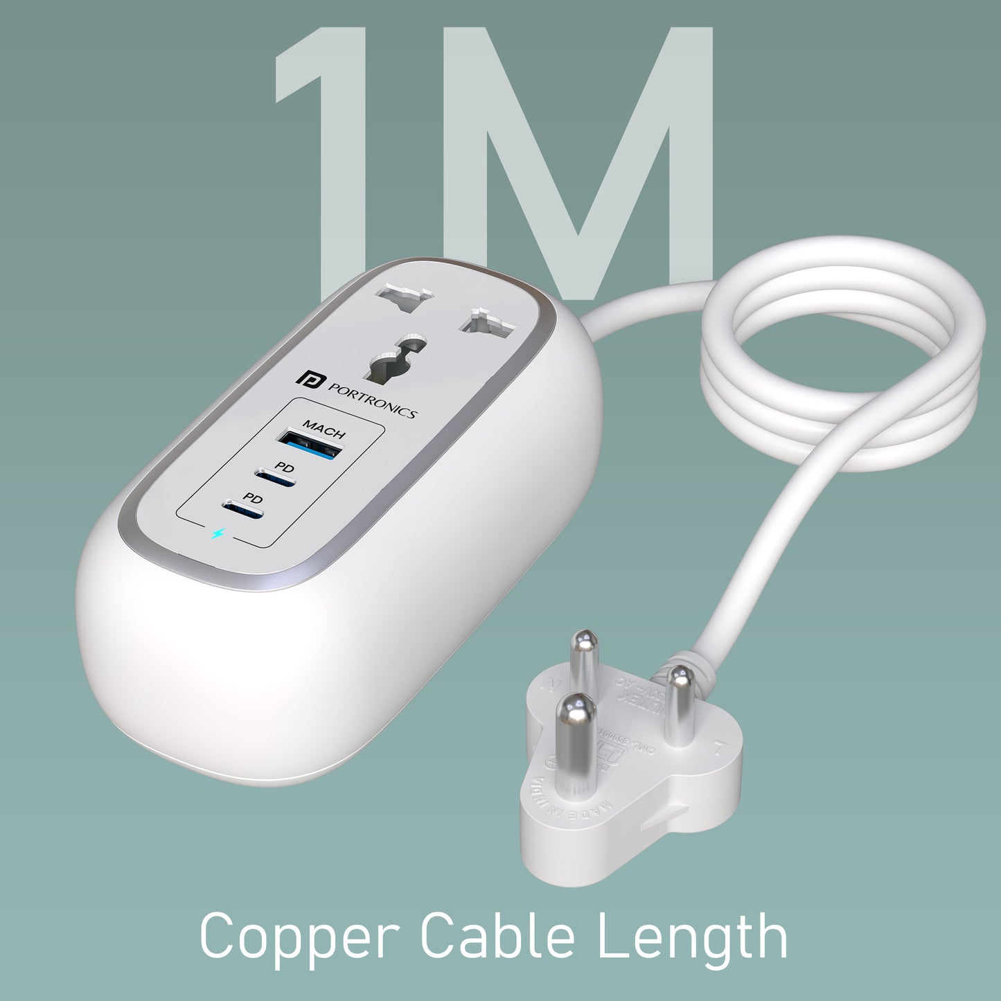 white Portronics Volt 65 Pro USB Charger | 1-meter pure copper extension cable power hub for charging multiple devices simultaneously.