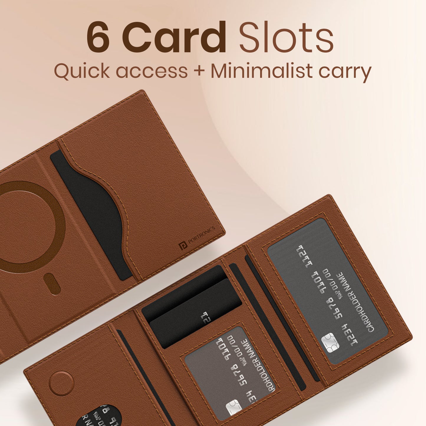Magnetic wallet for iPhone with mobile stand functionality and 6 card slots – Portronics Wallet X.
