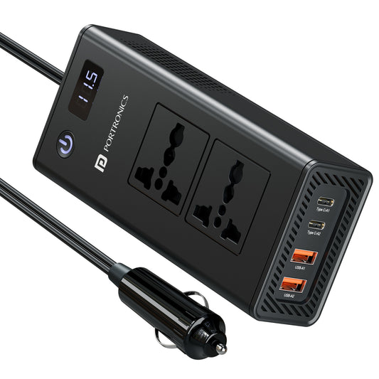 Portronics Zaptor 200W Car Inverter with dual AC and USB outputs | Powers laptops, cameras and phones inside the car | This 200W Car Inverter works as a fast car charger for Android and iPhone devices.