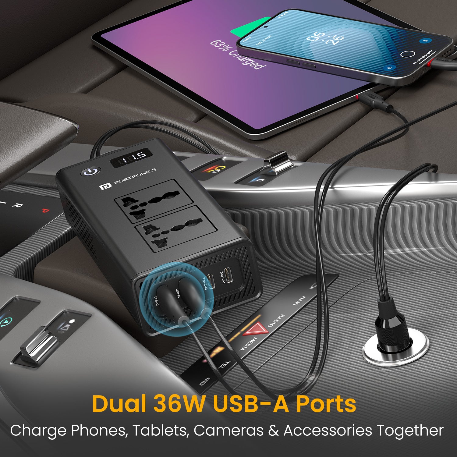 Portronics Zaptor 36W Car Charger + AC output inverter best car accessories | Compact and travel-friendly design for powering gadgets on-the-go | This 36W car charger ensures stable performance for cameras, iPads and phones.