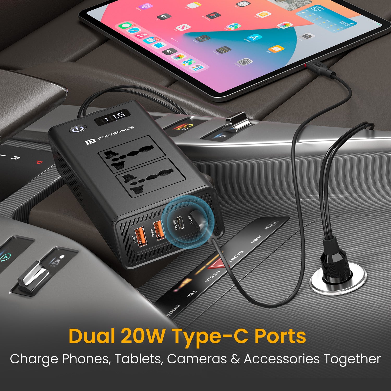 Portronics Zaptor Car Accessories Online essential with AC, USB and Type-C ports | Supports laptops, tablets and small appliances in cars | This car accessories device is ideal for families, creators and professionals on the move.