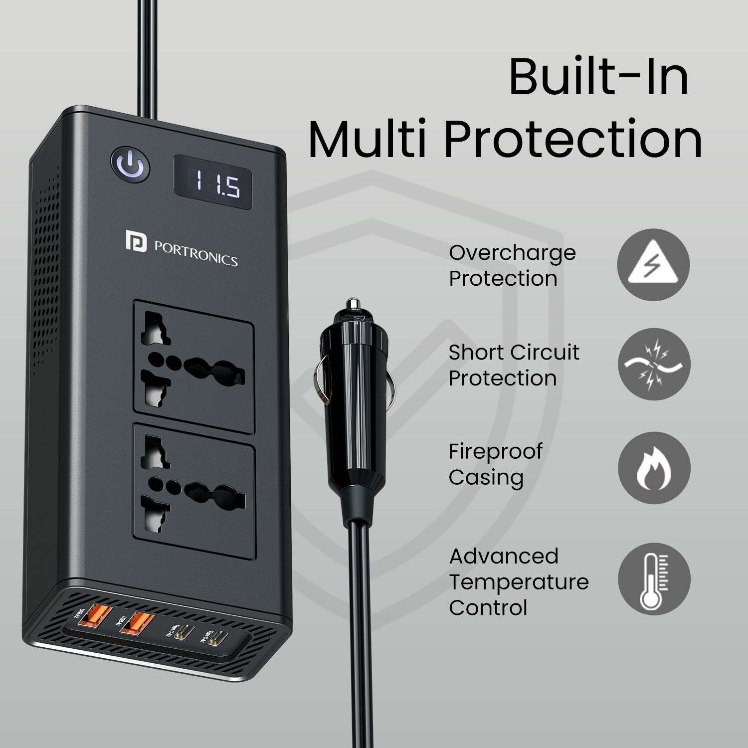 Portronics Zaptor fast car charger adapter with built-in safety protection | Prevents overcharge, short circuit and overheating | This car fast charger adapter keeps your Android and iPhone devices safe during travel.