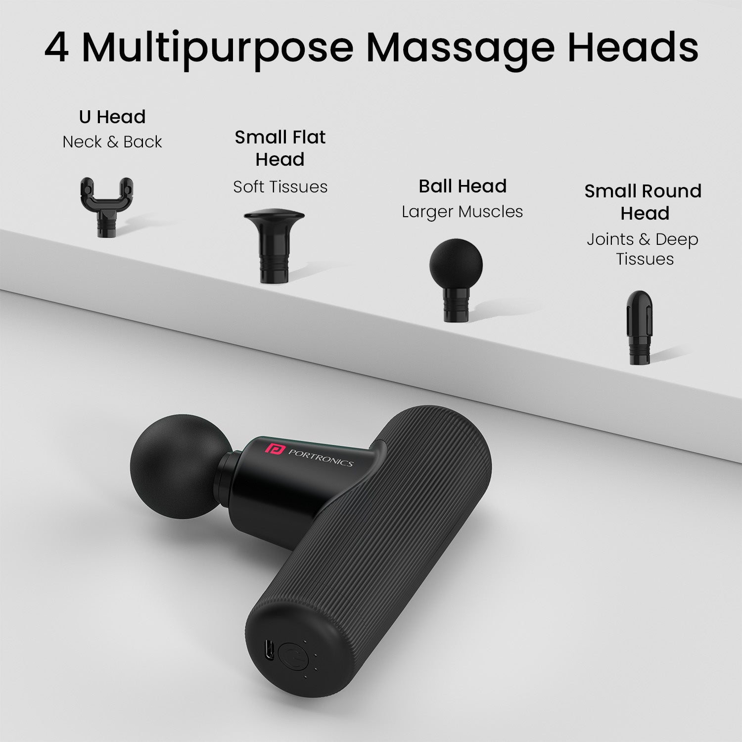 Portronics Zeno Go Rechargeable Mini Massager Gun featuring 4 multipurpose massage heads for joints, neck, back, and large muscles.