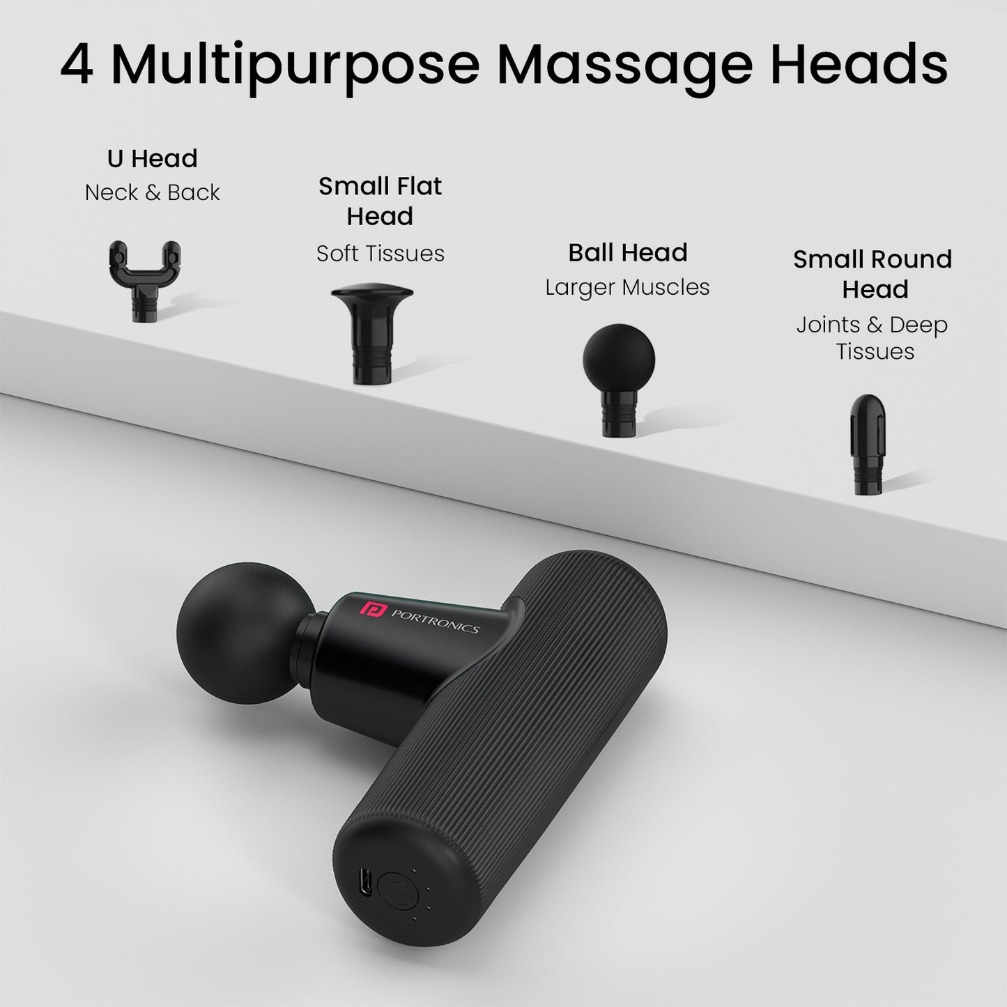 Portronics Zeno Go Rechargeable Mini Massager Gun featuring 4 multipurpose massage heads for joints, neck, back, and large muscles.