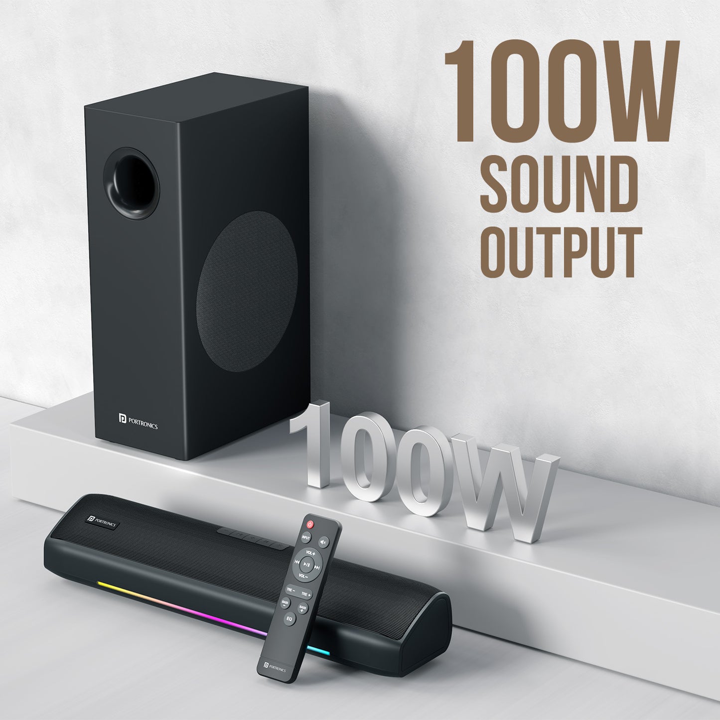 Portronics Zuno 100W HD Soundbars with Woofer and Remote – Best 2.1 Channel Home Theatre System in India with Powerful Deep Bass Sound Output for TV and Music