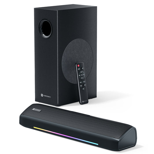 Portronics Zuno 100W Soundbar with Subwoofer and Remote – Best 2.1 Channel Bluetooth Home Theatre System in India for TV Movies Music and Gaming