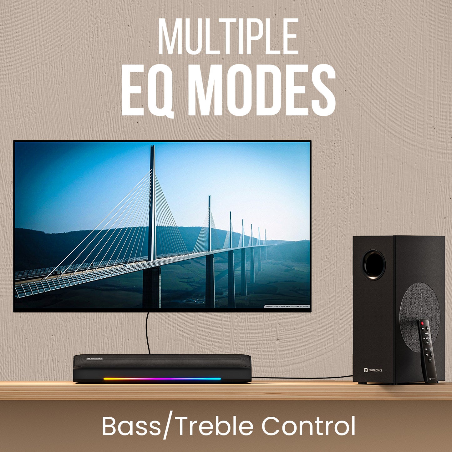 Portronics Zuno 2.1 Channel Soundbar with Subwoofer – Multiple EQ Modes and Bass Treble Control for Custom Audio Experience – Best Soundbar for TV Under 10000 in India