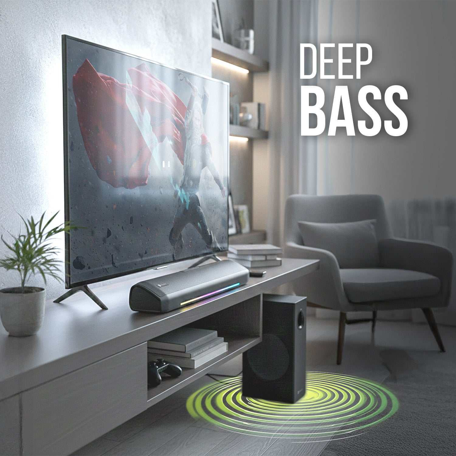 Portronics Zuno Wireless Soundbar with Wired Subwoofer Delivering Deep Bass – Best Bluetooth Home Theatre for TV in Living Room Setup at Home