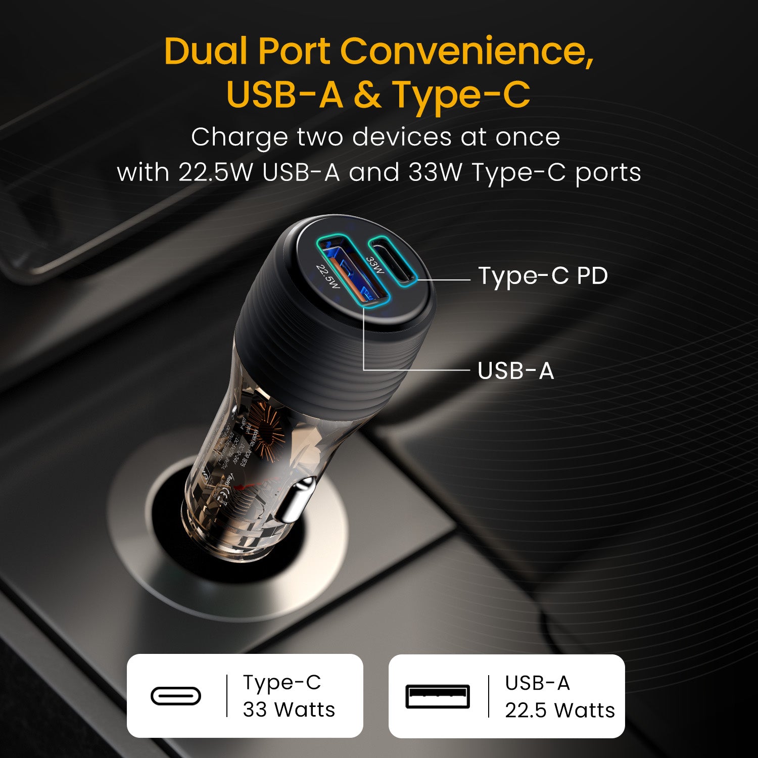 Portronics car fast charger adapter, 33W Type-C and 22.5W USB-A, suitable for car accessories online and car dashboard organization, powerful and sleek.