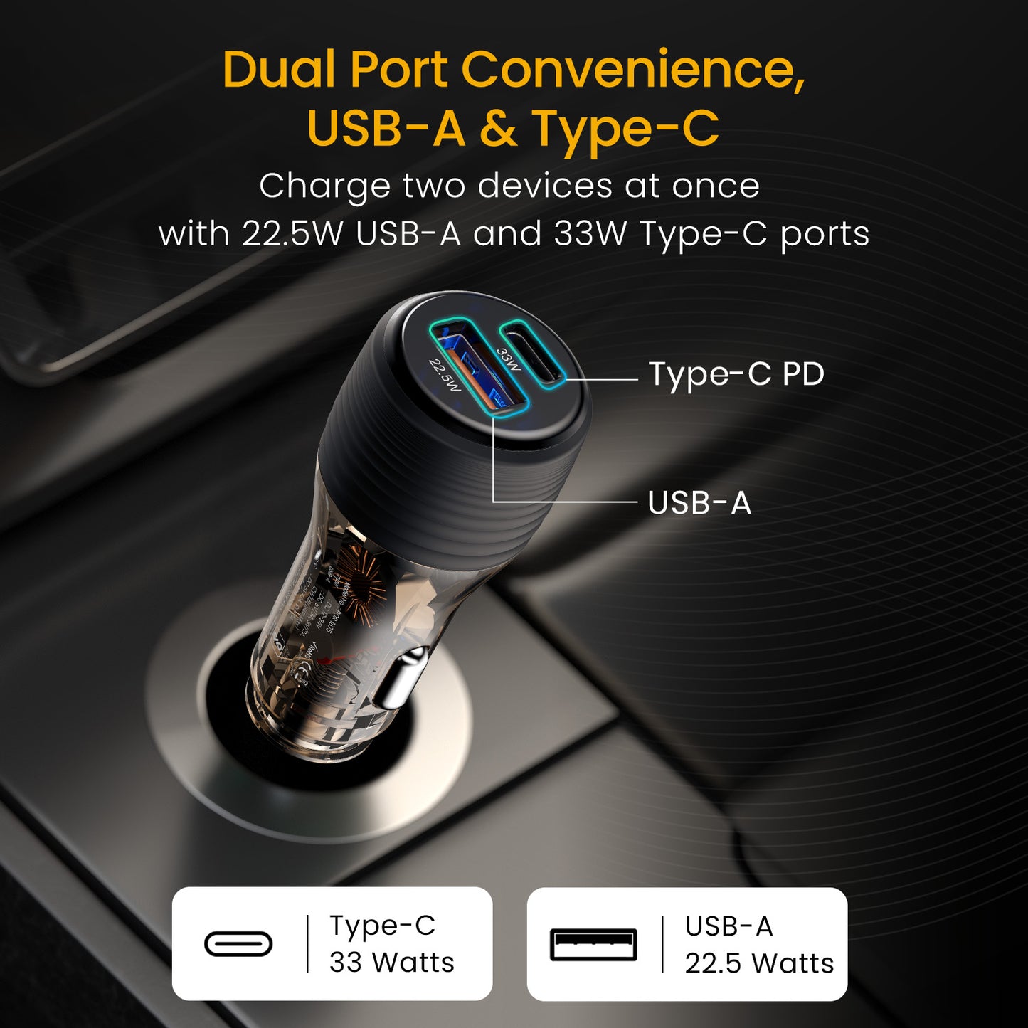 Portronics car fast charger adapter, 33W Type-C and 22.5W USB-A, suitable for car accessories online and car dashboard organization, powerful and sleek.