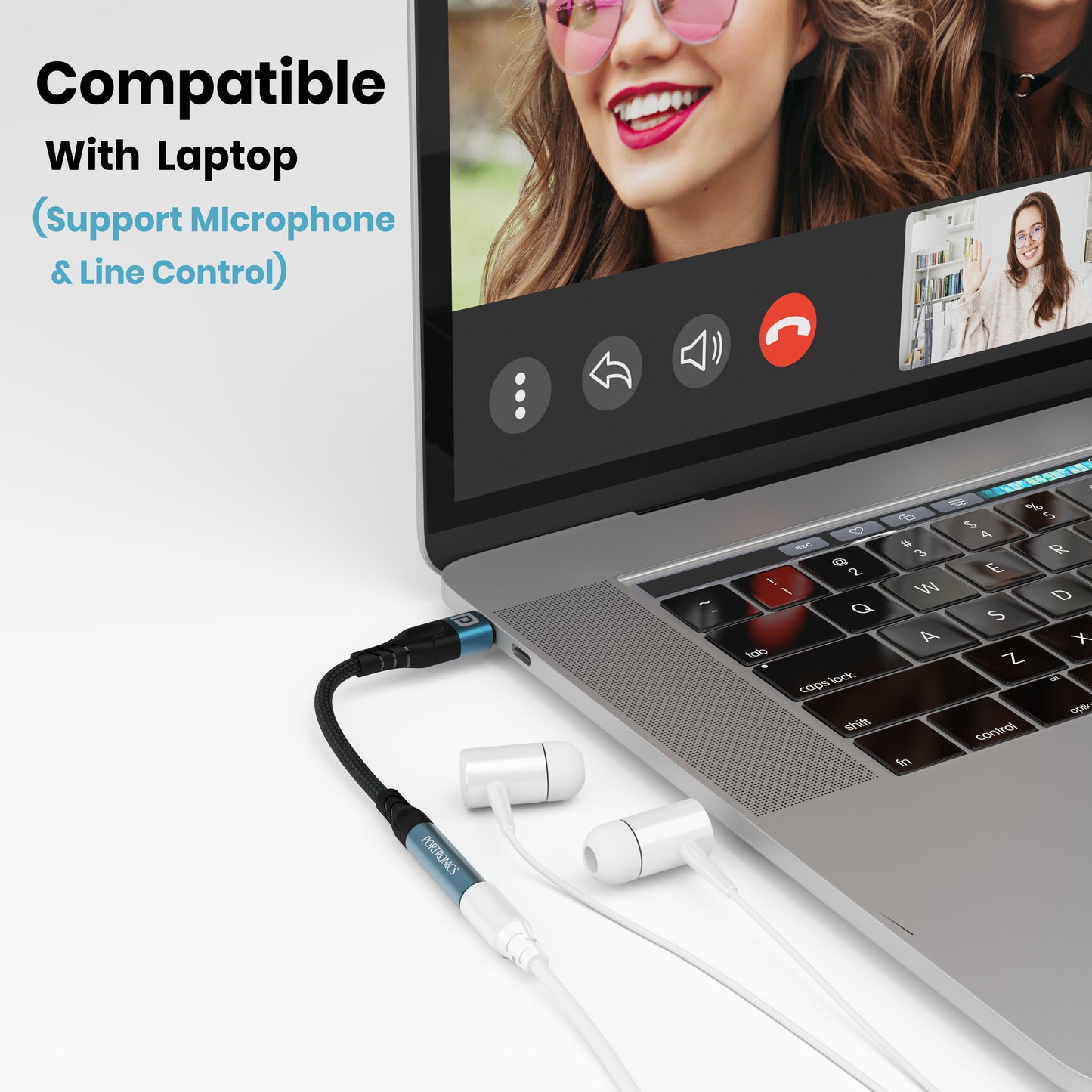 Blue Portronics iKonnect C Pro 3.5mm jack adapter, featuring a noise reduction chip for crystal-clear sound and universal compatibility with Type-C smartphones and tablets