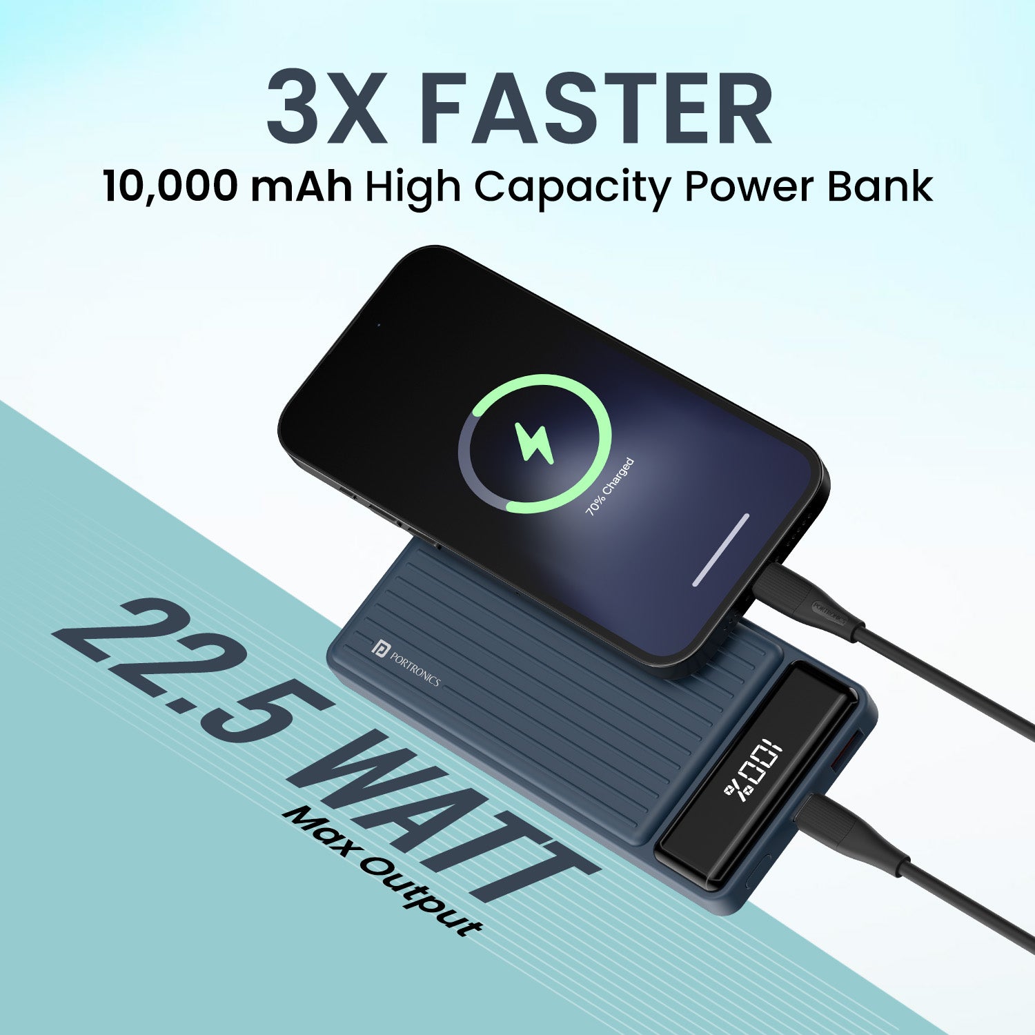 Blue Portronics power bank 10000mAh with Mach USB A and PD Type-C outputs—slim, lightweight, and safe charging companion for on-the-go users