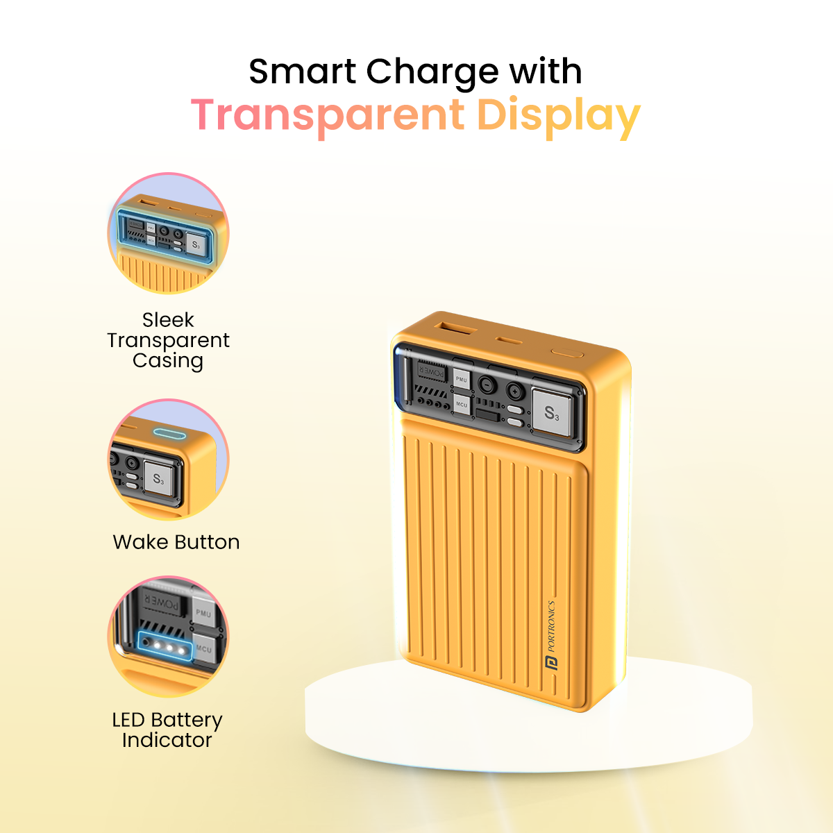 Yellow Portronics power bank 20000mAh with LED battery indicator and transparent casing, Luxcell Mini 20K is the best power bank for iPhone users