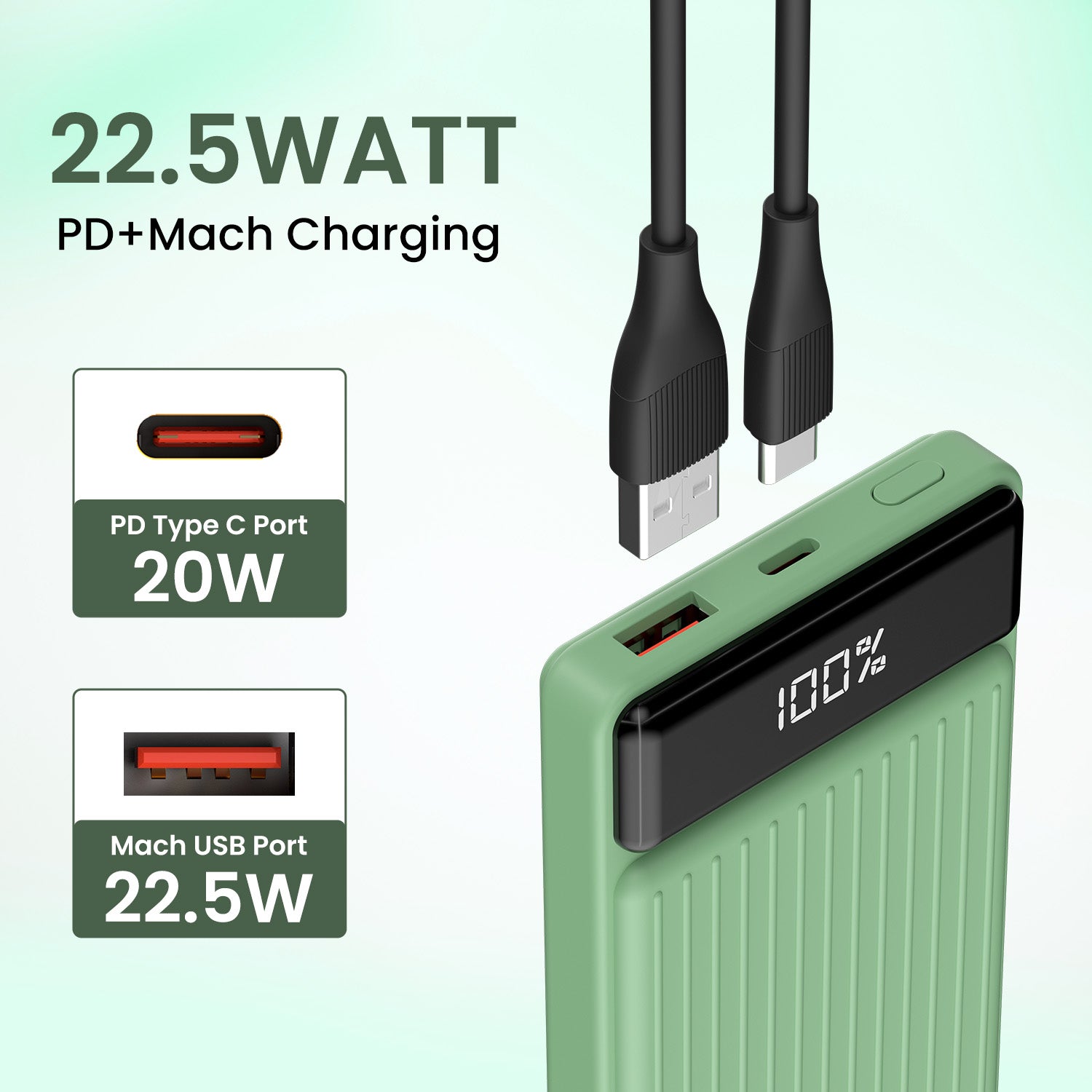 Green Portronics power bank for mobile users, Luxcell B 10000mAh edition is a stylish, fast-charging option with universal device compatibility