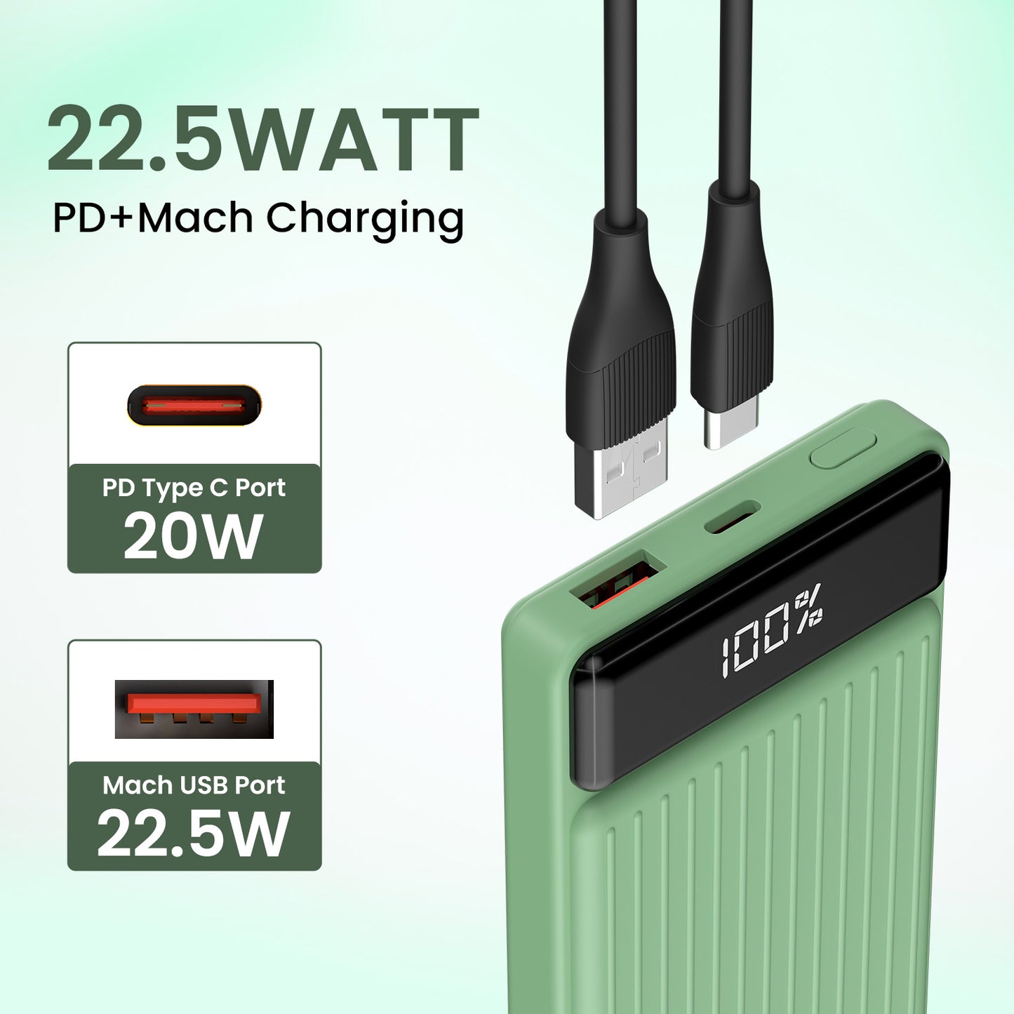 Green Portronics power bank for mobile users, Luxcell B 10000mAh edition is a stylish, fast-charging option with universal device compatibility