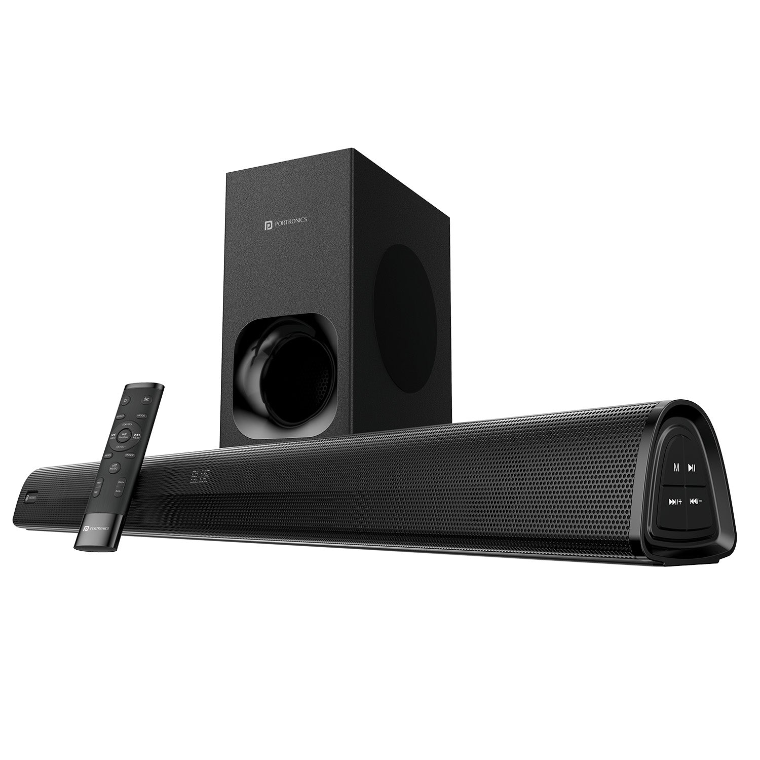 Black Portronics pure sound 105 200w hd soundbar with subwoofer