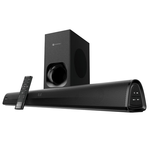 Black Portronics pure sound 105 200w hd soundbar with subwoofer