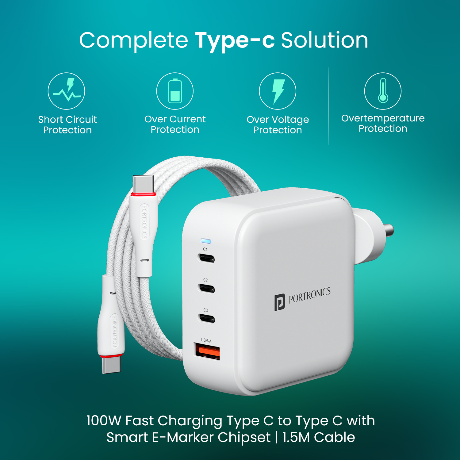 Portronics universal Type-C charger Adapto 100 Pro bundled with 100W 1.5M Type C to C cable featuring E-Marker chipset for intelligent wattage negotiation, stable high-speed power transmission and secure charging adaptor performance
