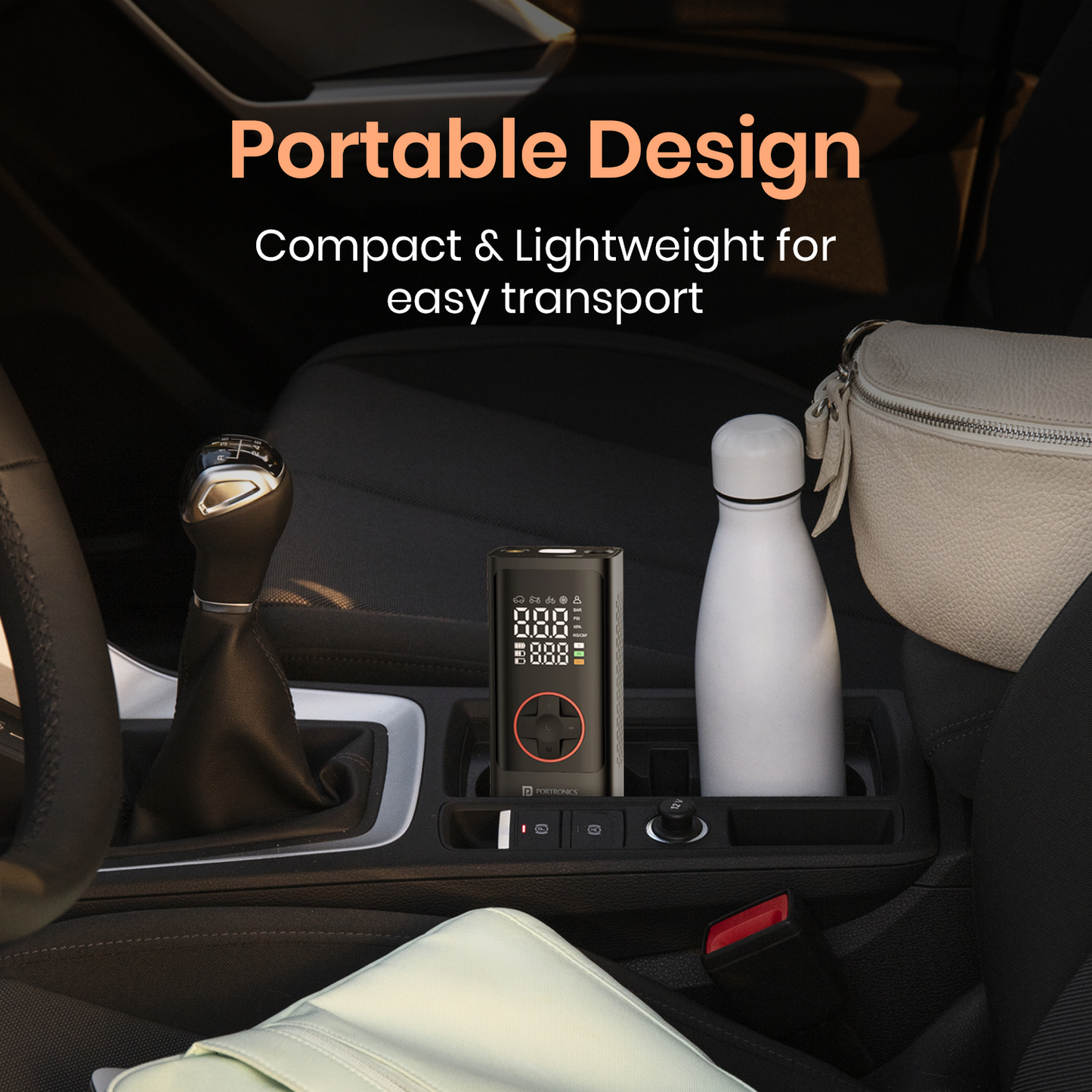 Portronics vayu 7.0 portable tyre inflator with lightweight design| rechargeable car tyre inflator online| air pump for car and bike