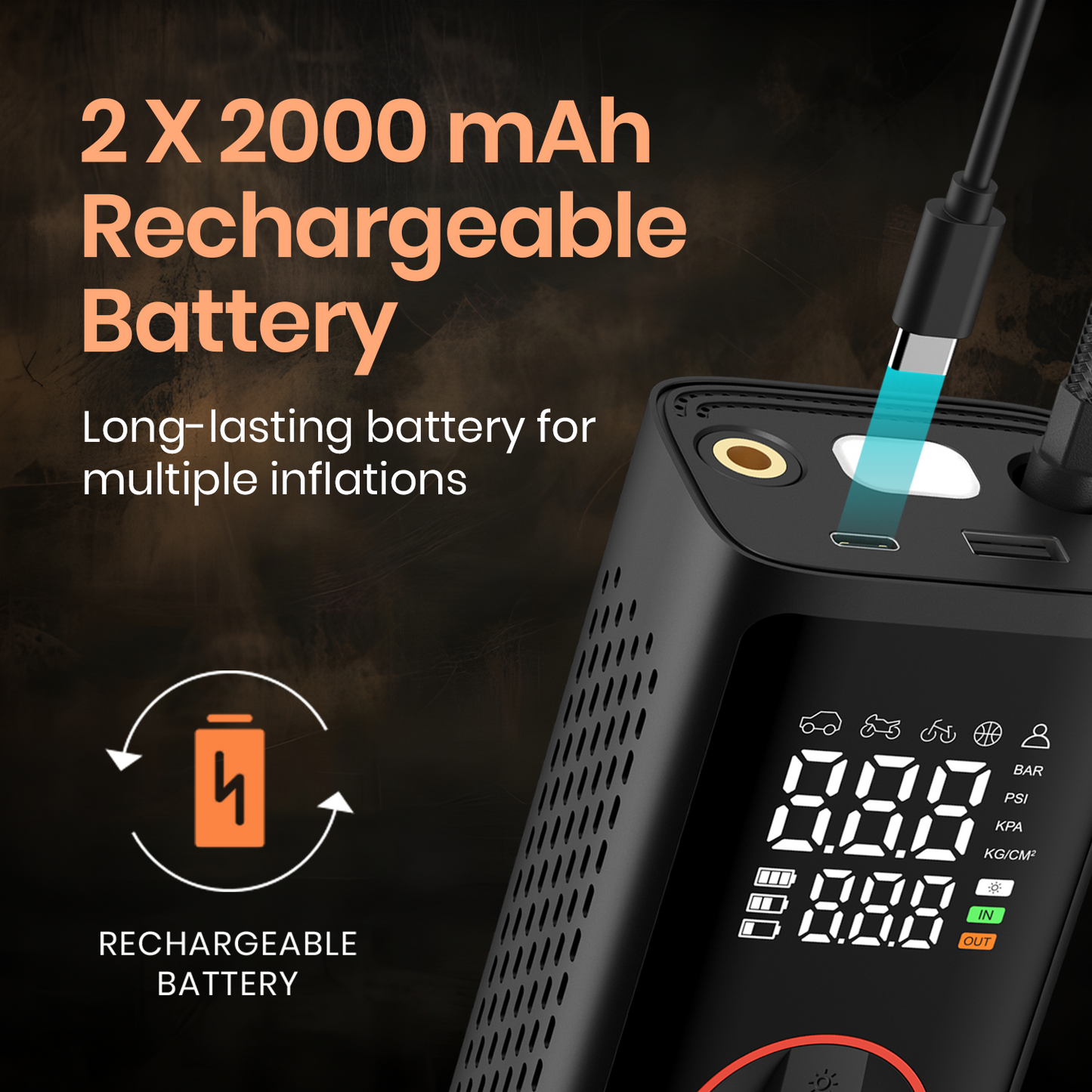 Portronics vayu 7.0 portable tyre inflator| rechargeable car tyre inflator with 4000mah rechargeable battery| tyre inflator with type c charging port| air pump for car
