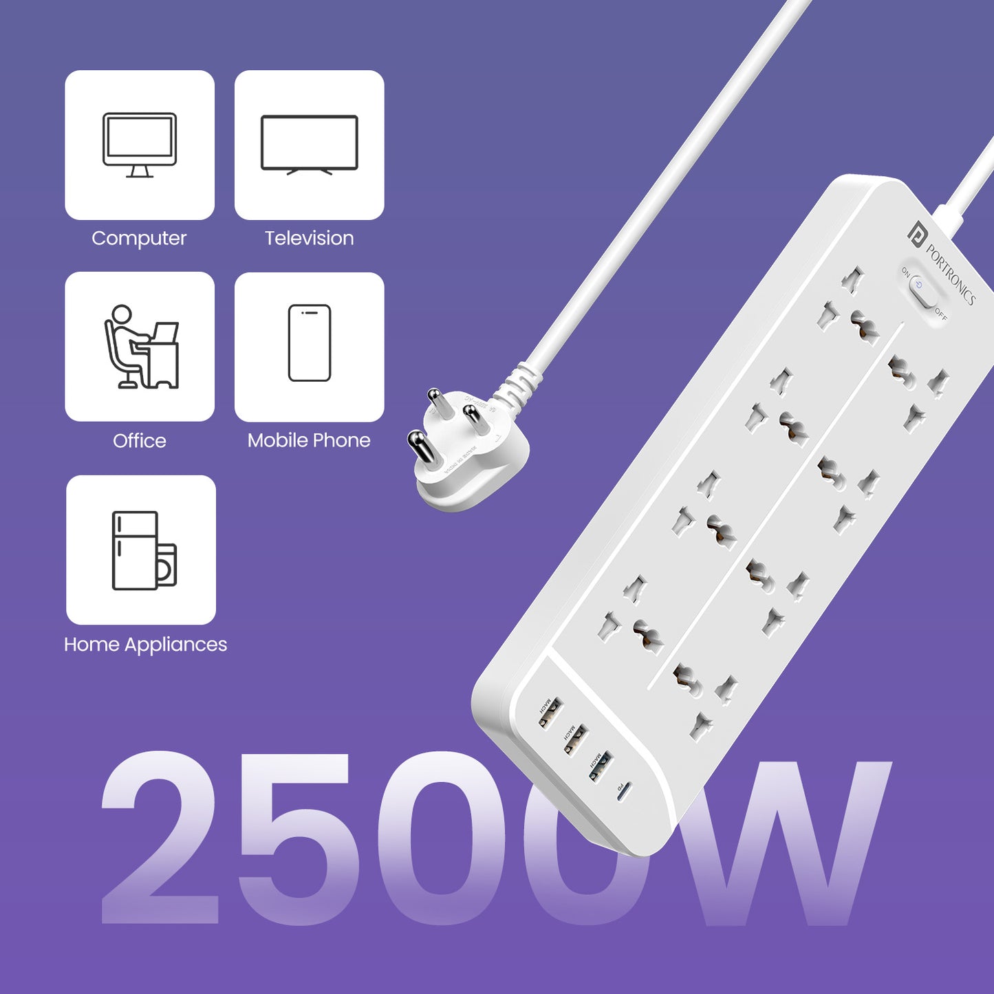 Portronics Power Plate 23 Extension Board with 3M durable cable & 8 power sockets with 2500w power output| best extension power board for home use| best extension board for laptop and mobile