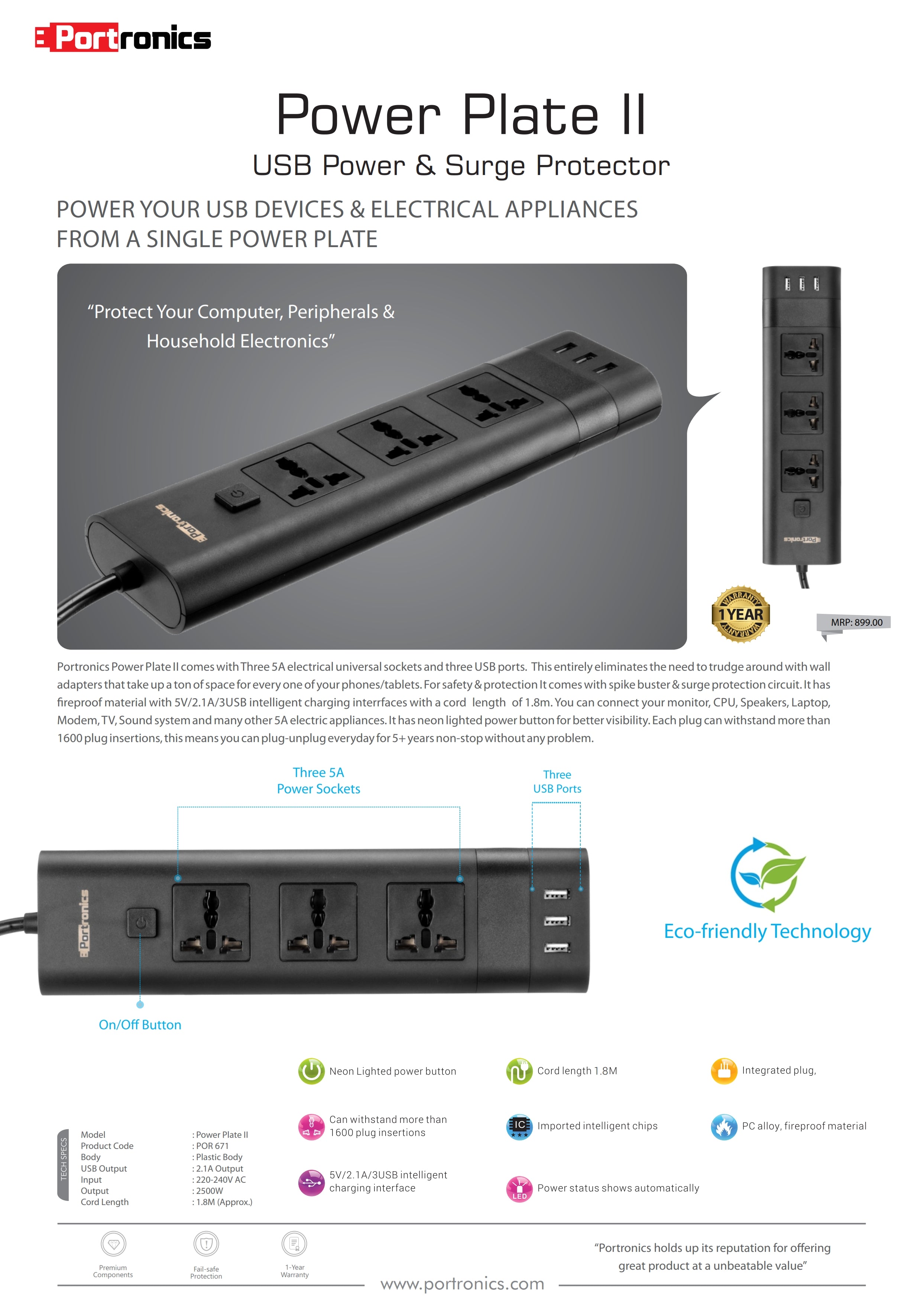 Potronics Plug Portronics Power Plate II comes with three 5A electrical universal ...