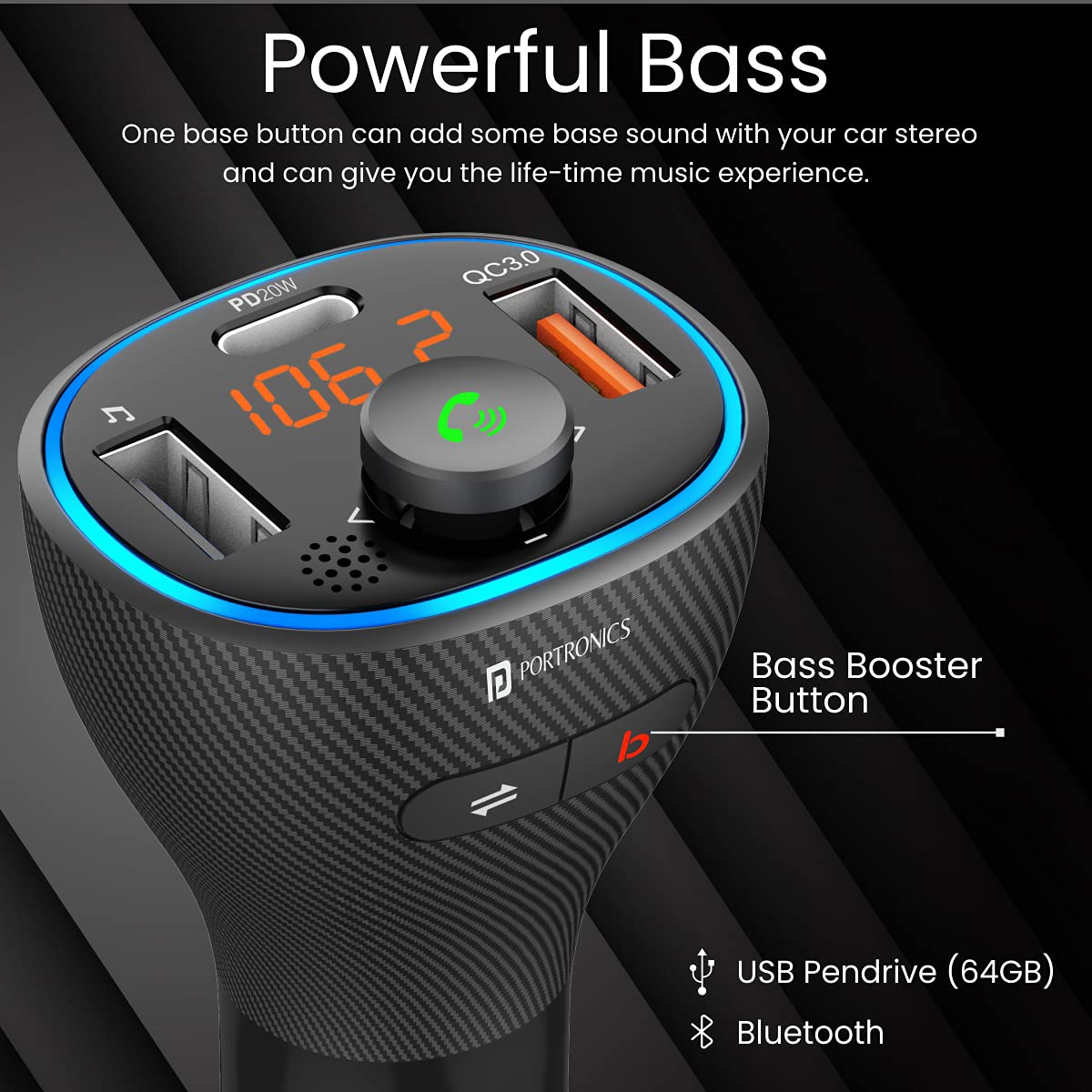 Premium Portronics Auto 15 car accessory with LED display, Bluetooth 5.1, voice assistant, and bass-enhancing audio controls