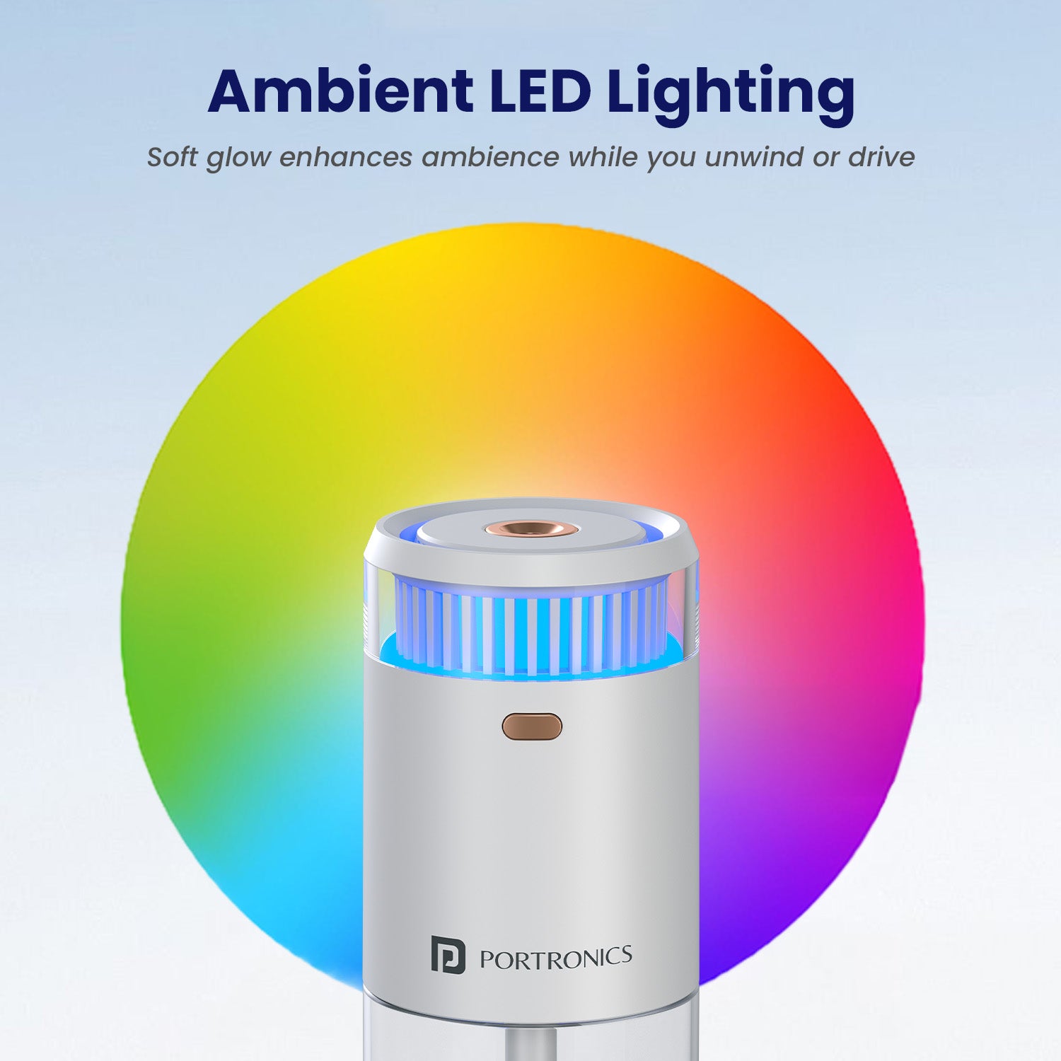 Premium Portronics Magma Go aroma diffuser for home and car offering four mist modes, ambient LED colour cycle, and quiet operation for a calming, spa-like experience anywhere