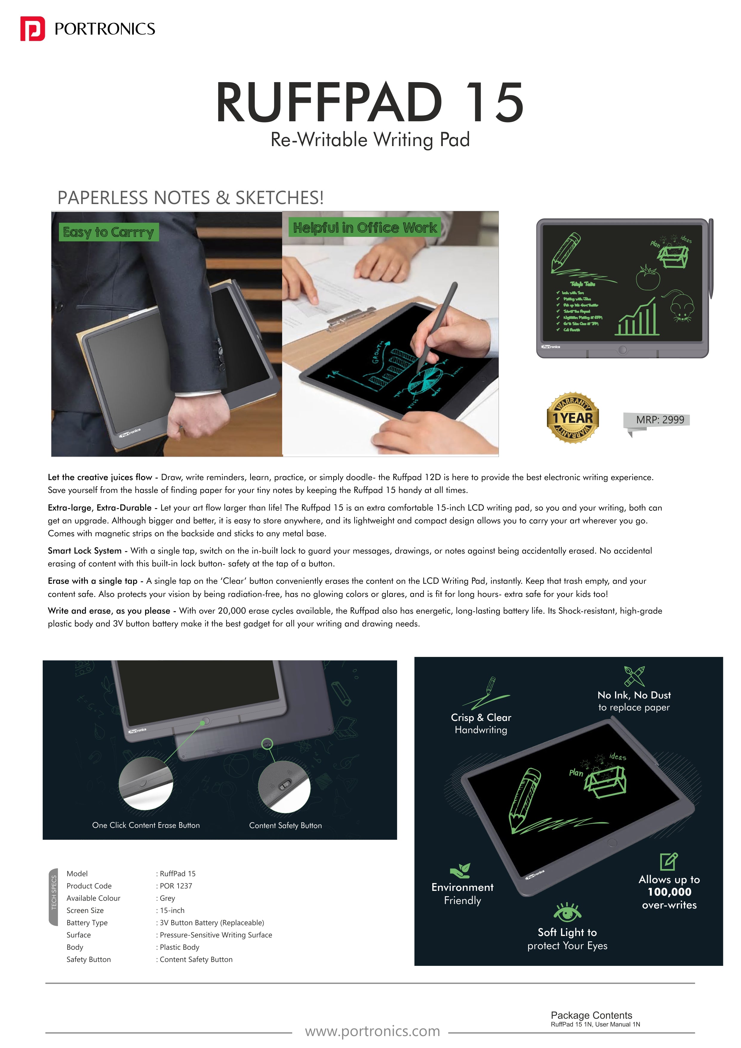 Portronics Ruffpad15: LCD Writing Tablet/Notepad With Stylus