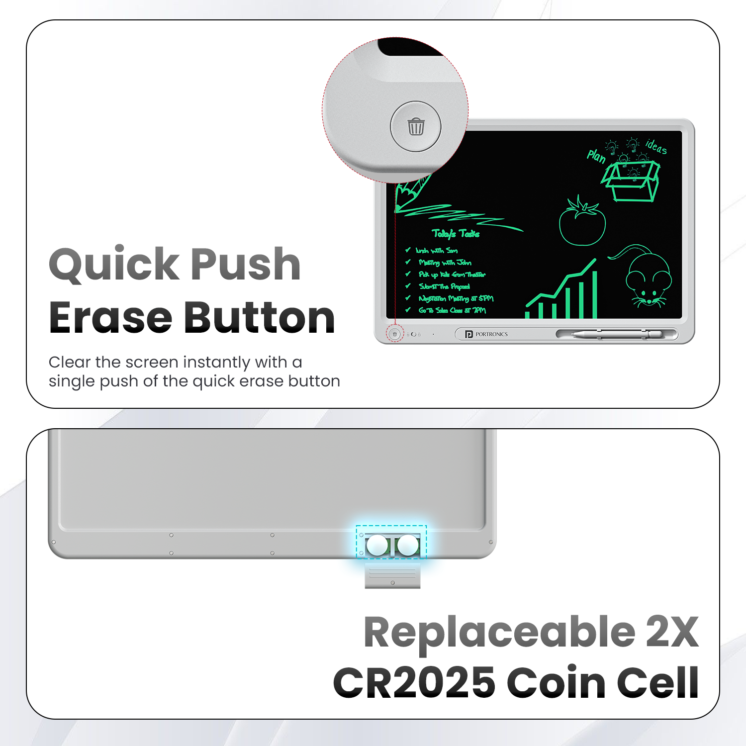 Ruffpad 21 Pro Re-Writable LCD Writing Pad with Quick Push Erase Button and Replaceable CR2025 Coin Cell