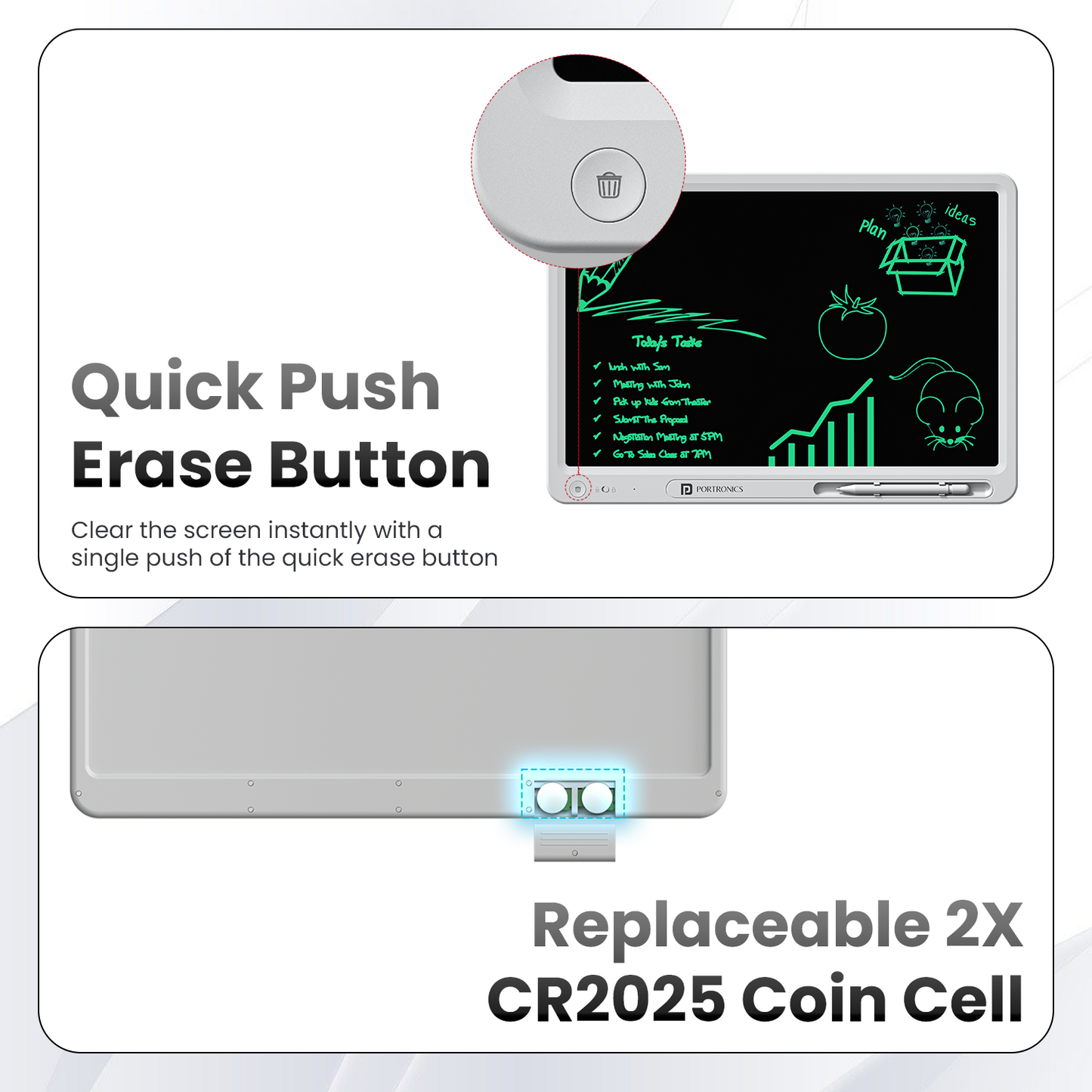 Ruffpad 21 Pro Re-Writable LCD Writing Pad with Quick Push Erase Button and Replaceable CR2025 Coin Cell