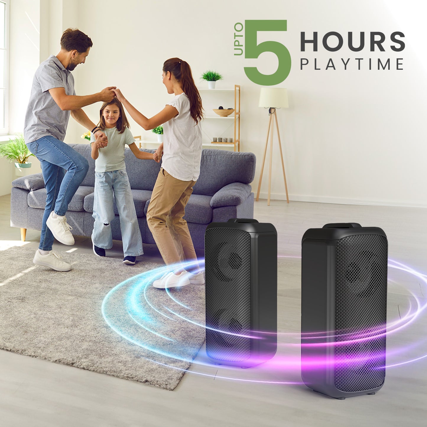 Rumble portable wireless party speaker from Portronics with karaoke mic features, long playtime, Bluetooth connectivity, AUX speaker option, and premium audio performance