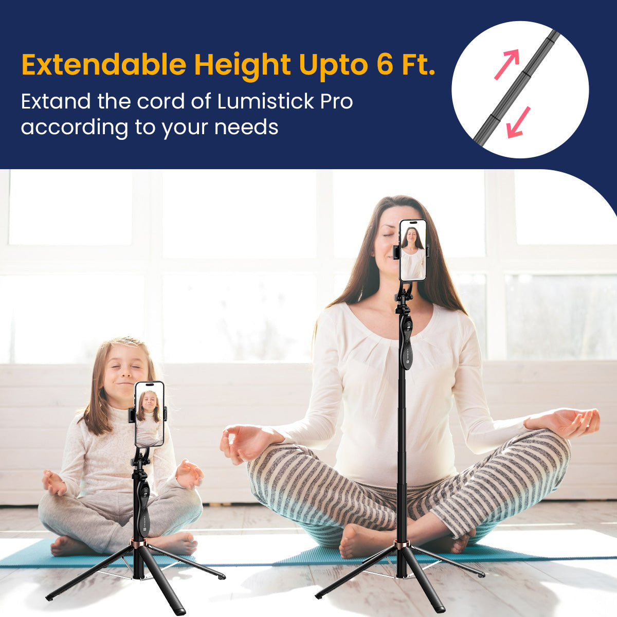 Smart Selfie Stick online – Lumistick Pro features an extendable aluminum alloy rod, ideal for group photos and wide-angle shots.
