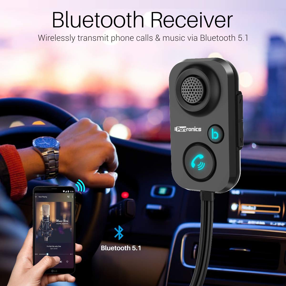 Smart audio connector Portronics Auto 12 for transforming any Bluetooth car stereo system with enhanced bass, FM radio, and voice assistant support