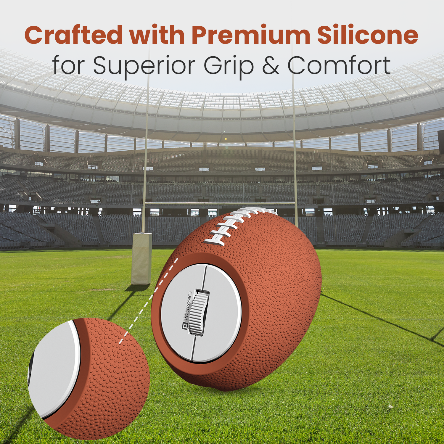 wireless mouse ToadPlay Rugby by Portronics featuring a stylish textured finish, wireless rechargeable mouse technology, and optimized for MacBook, laptops, and multiple device pairing