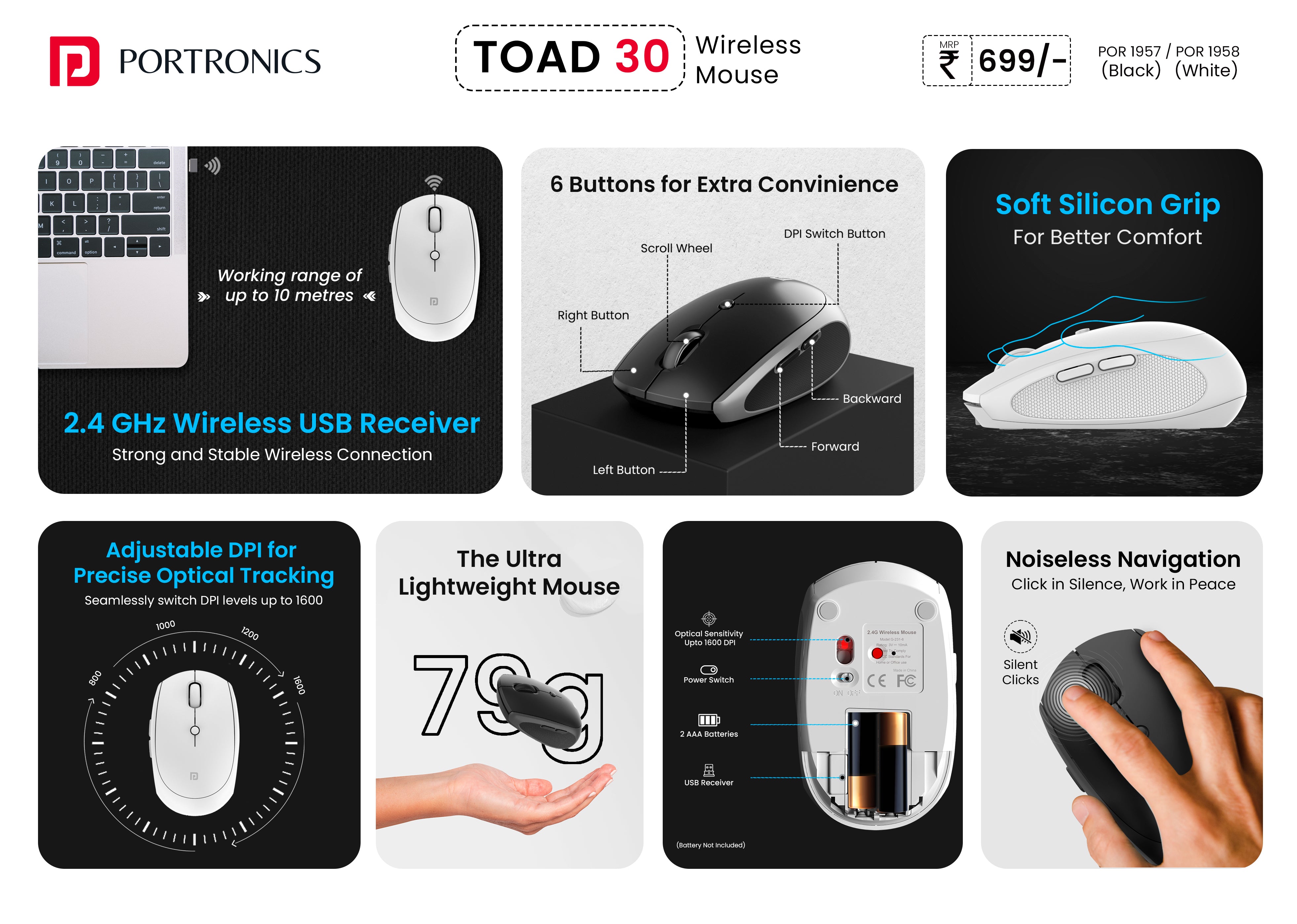Portronics Toad 30 Bluetooth Wireless Mouse with Six Button
